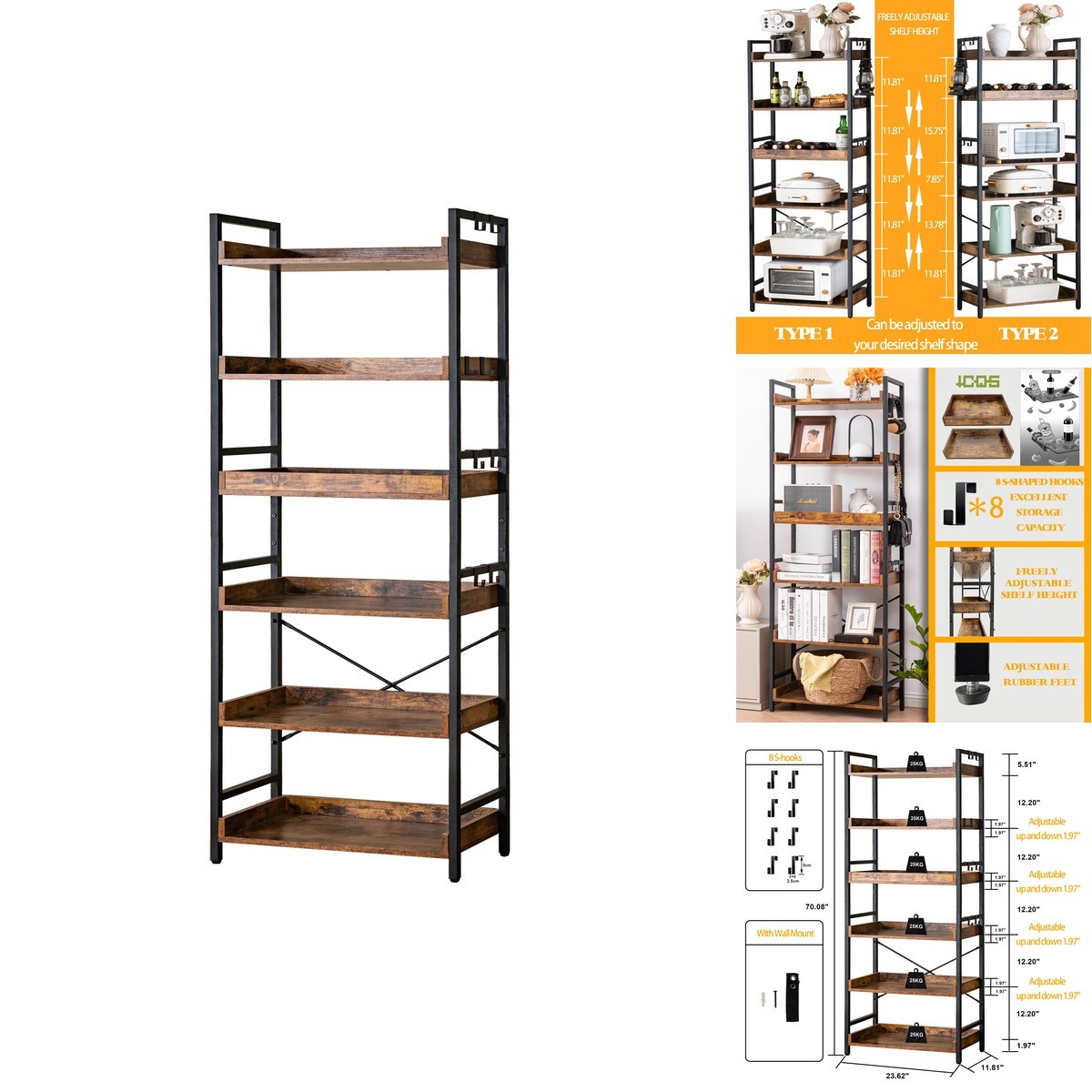 HCHQHS Adjustable 6 Tier Open Bookcase, Black Metal, Rustic Farmhouse