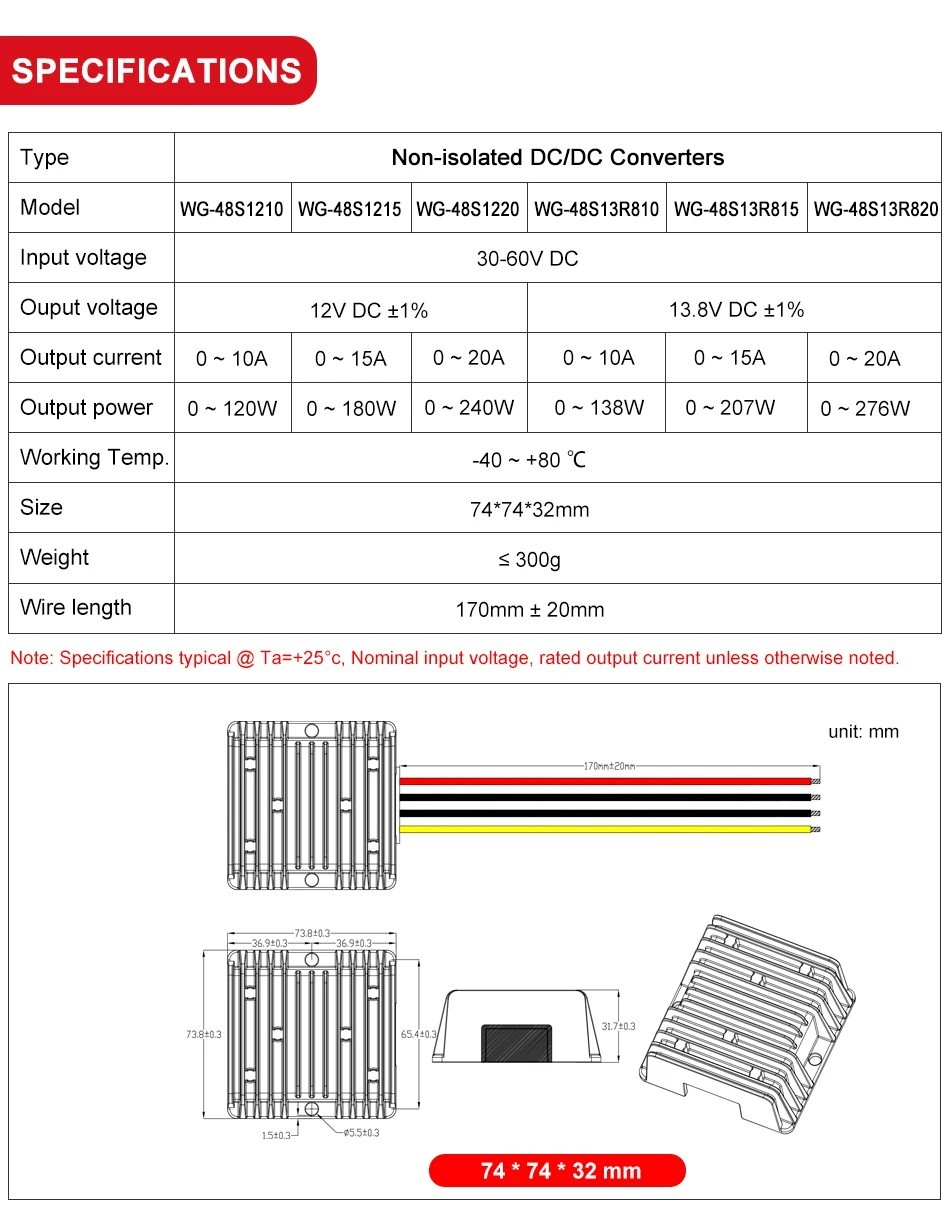 DC DC Converter 24V 36V 48V 60V 72V To 12V/13.8V Step Down Voltage Reducer