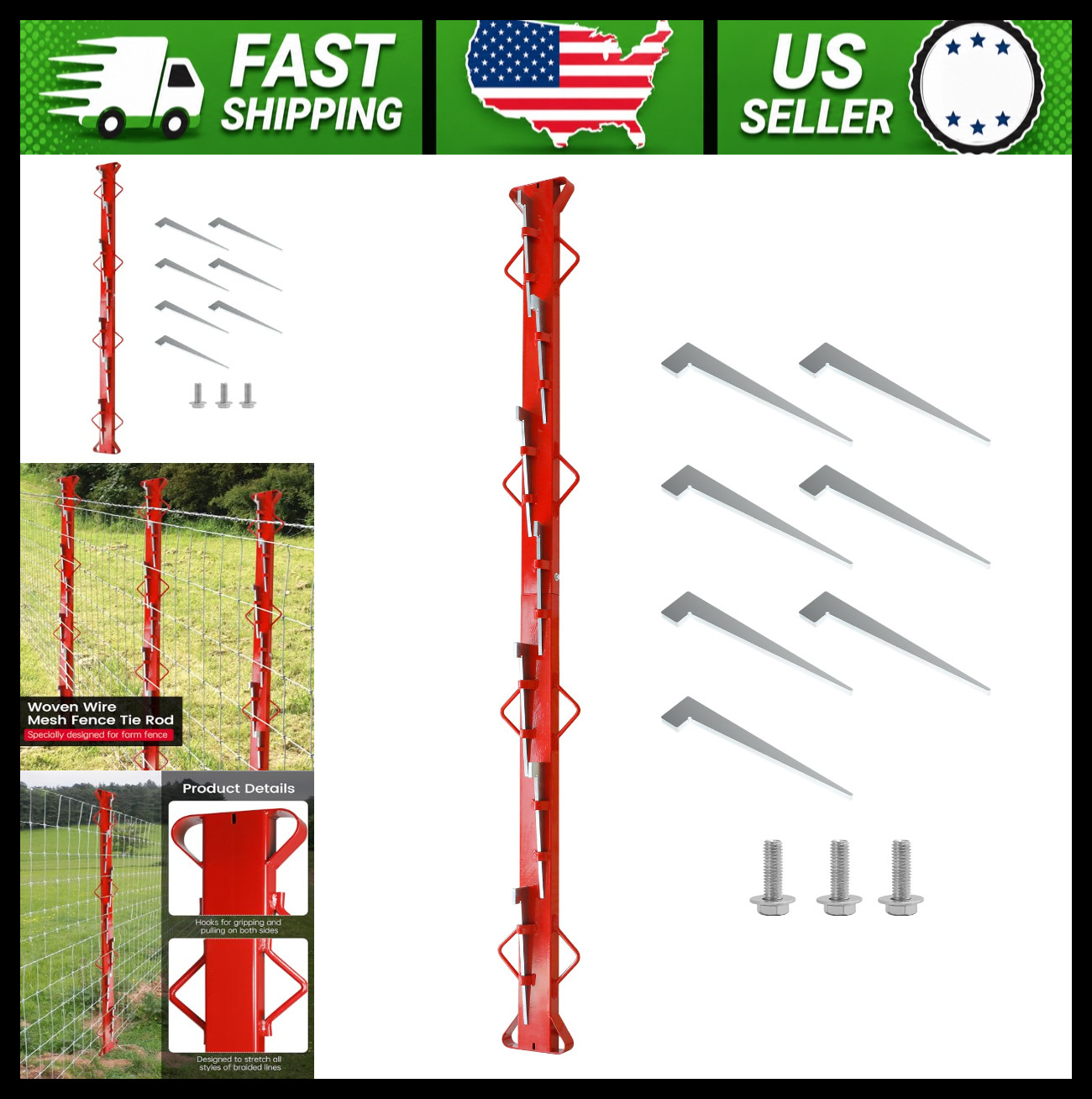 6ft Woven Wire Fence Stretcher Bar with 7 Wedges Red