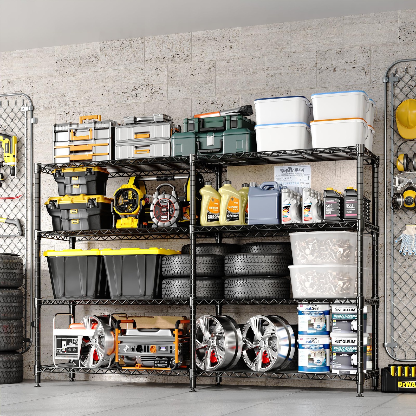 4-Tier Carbon Steel Wire Storage Shelving Double Row Heavy Duty Rack