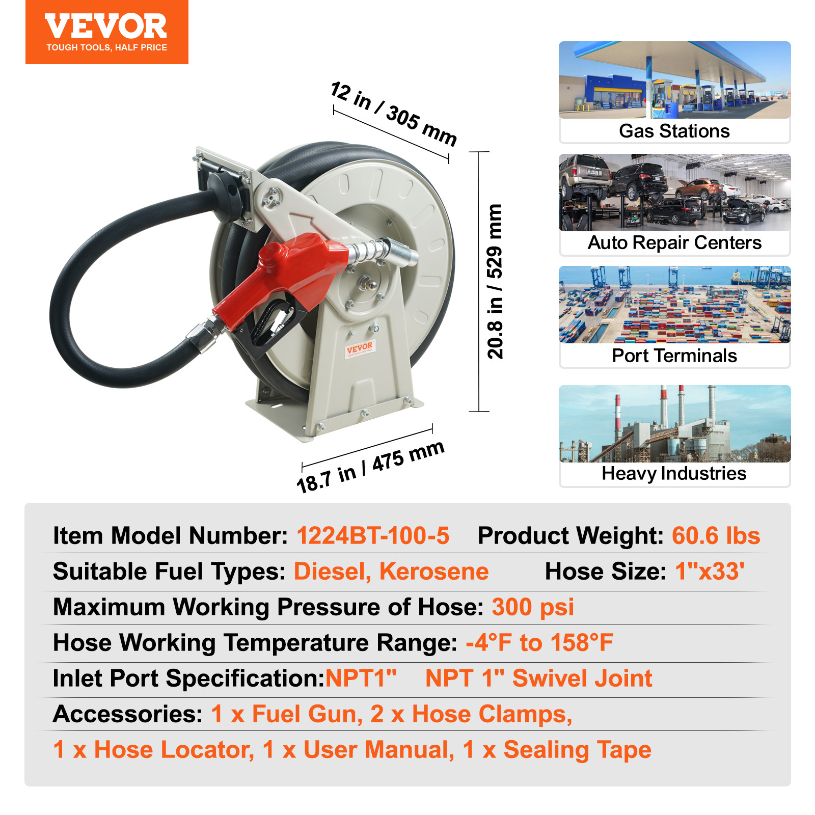 VEVOR Fuel Hose Reel Retractable Diesel Hose Reel 1″ x 33′ Auto Refueling Nozzle