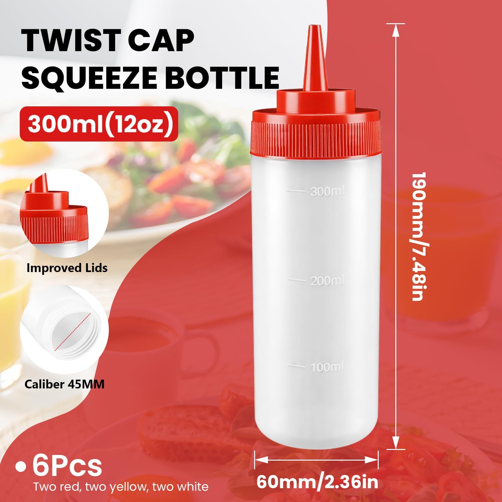 VAKUKK Multicolor Food-Grade Squeeze Bottles 12 Ounces, Clear/Transparent