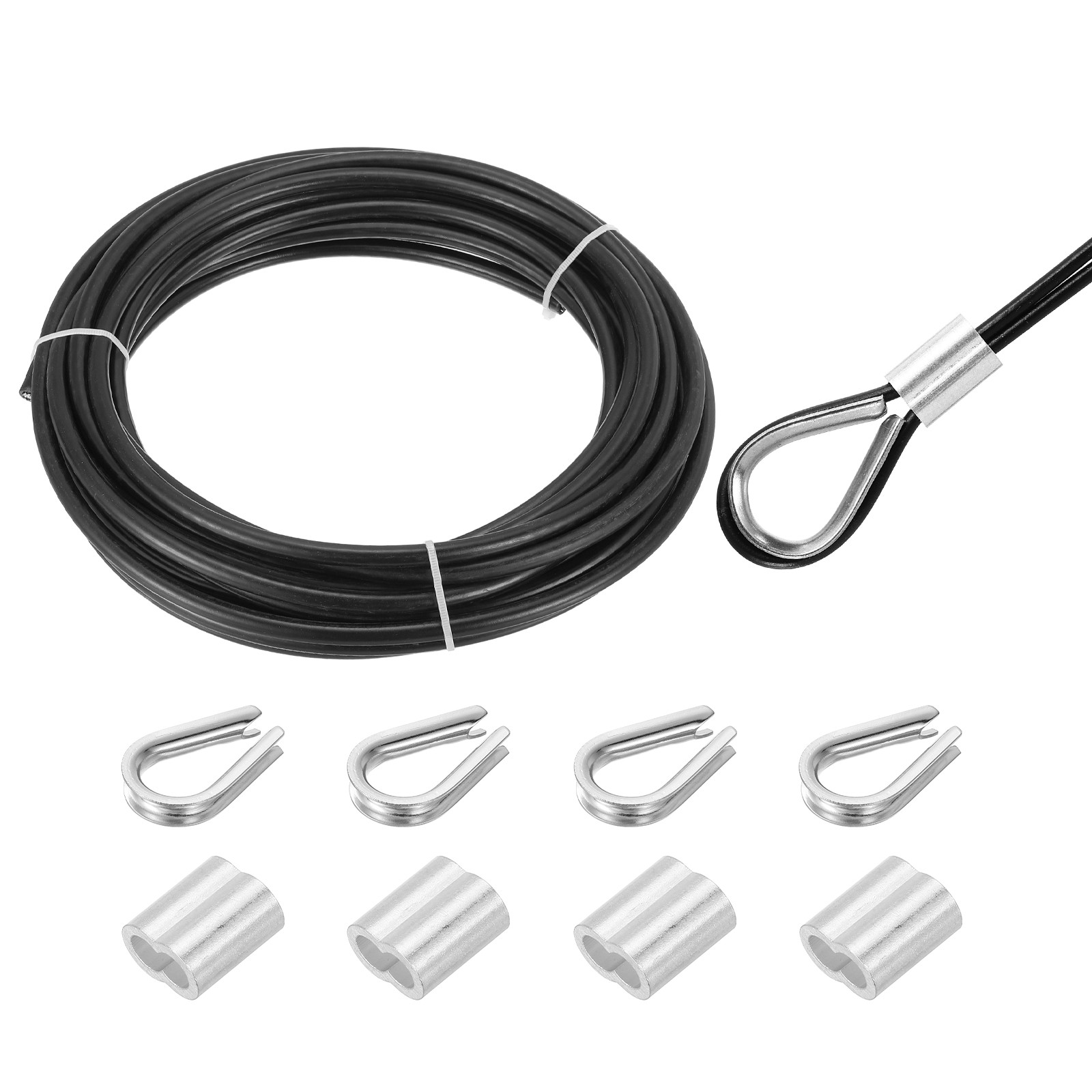 33Ft(10M) Wire Rope Stainless Steel Cable 5/16″ 4pcs Sleeves & Thimble Black