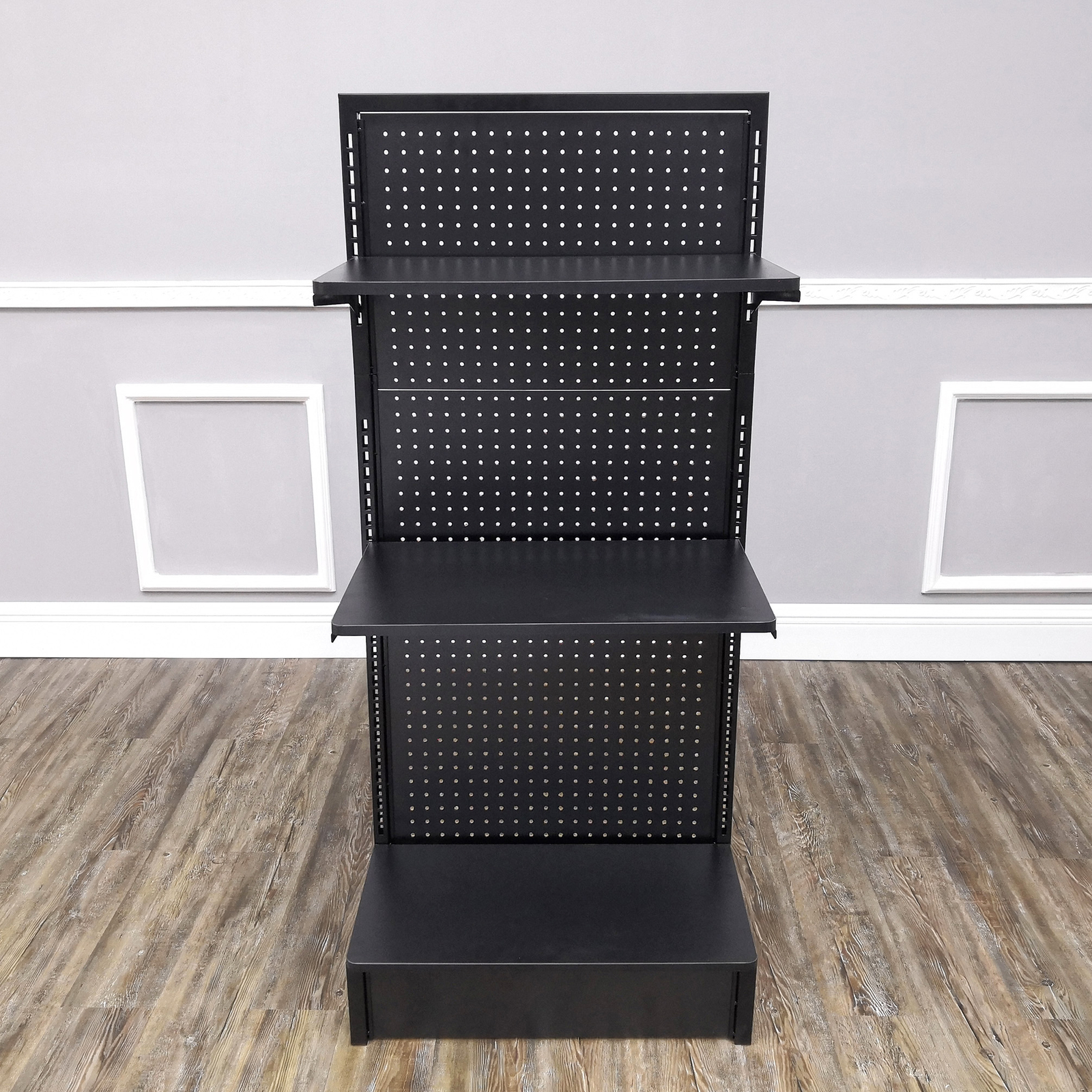 24.0″ Wide Gondola Rack Stand with Two Shelves Black Pegboard Display