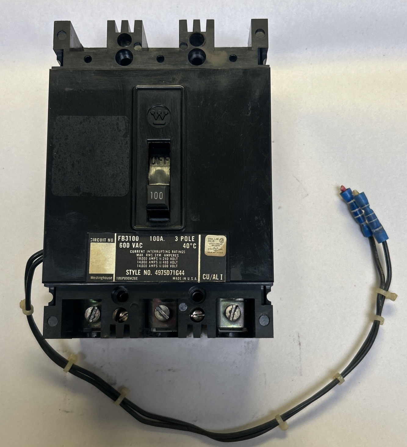 WESTINGHOUSE,FB3100,CIRCUIT BREAKER 100A 600V 3P