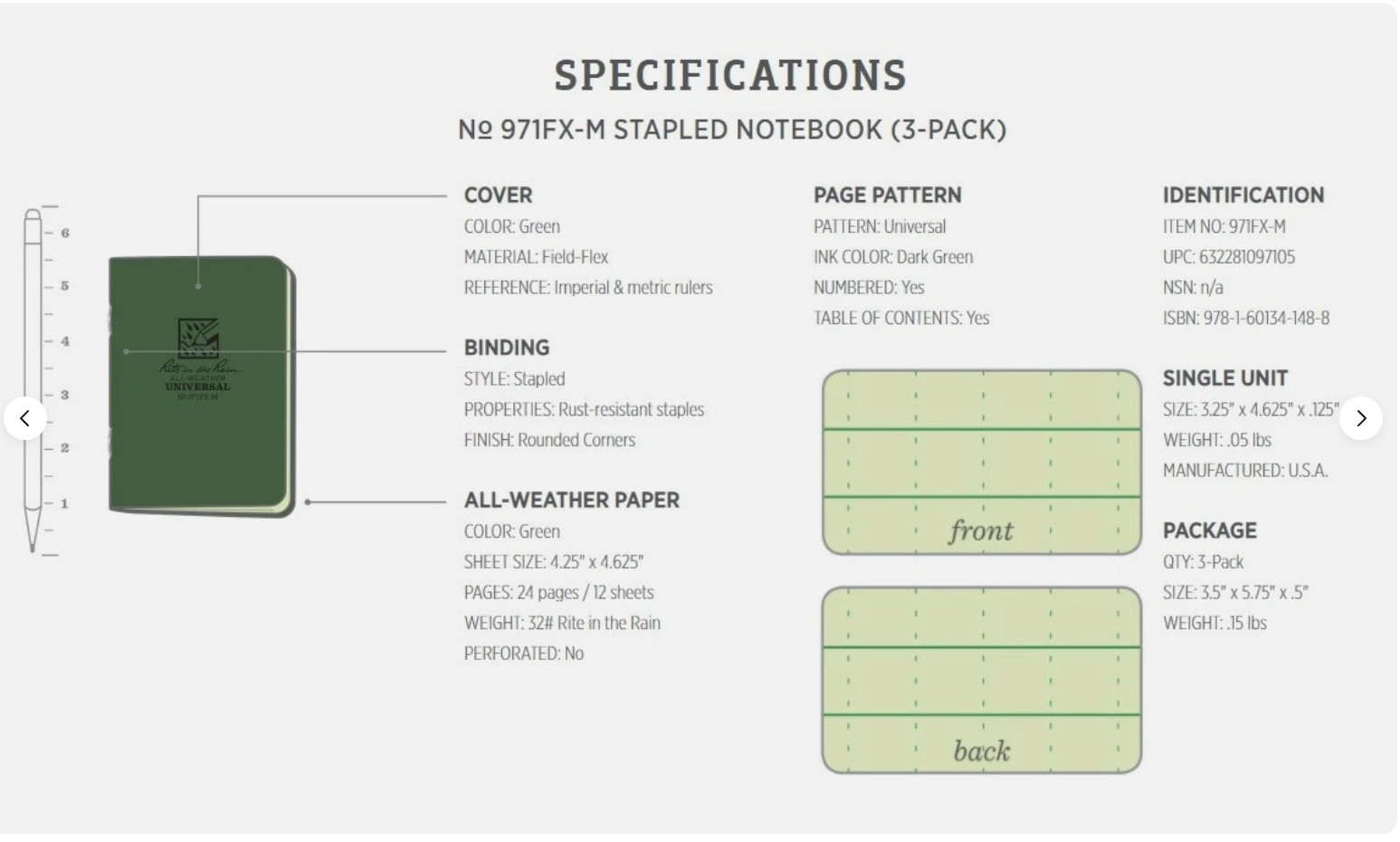 Rite In The Rain Mini Stapled Binding Notebook (Single) Green Field-Flex Cover