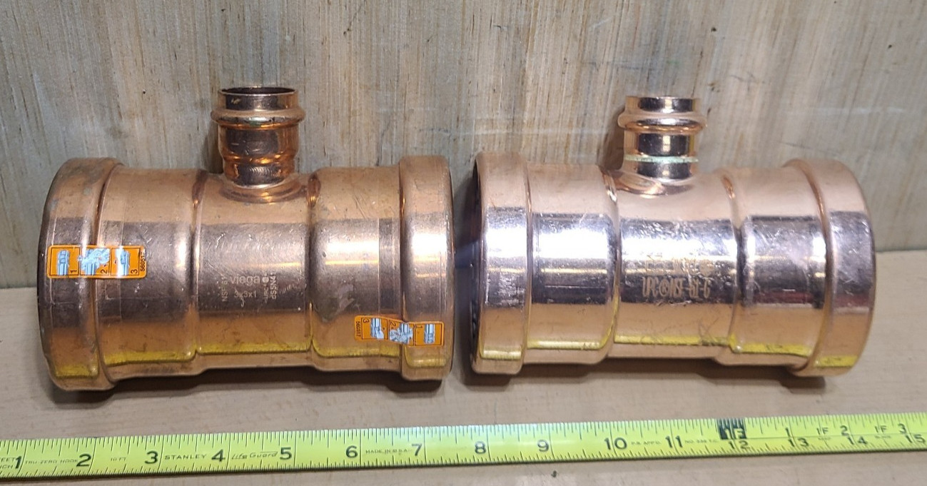 LOT OF (2) 3″x3″x1″ Copper Press Crimp Tee Fitting (1) Viega 22308 (1) Unknow