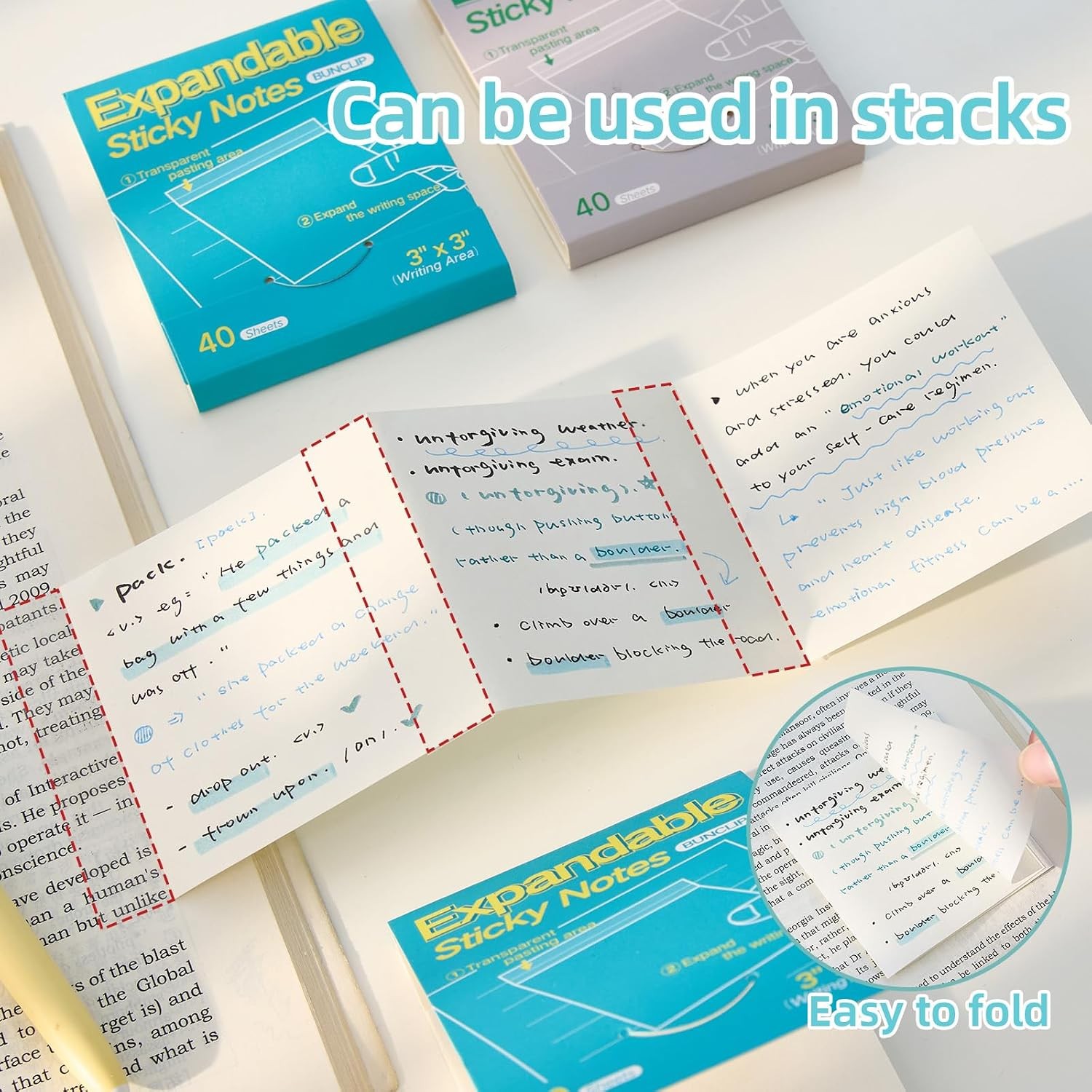 Expandable Sticky Notes, 4 Pack 3×3 Inch White Self-Stick Pads | 40 sheets per