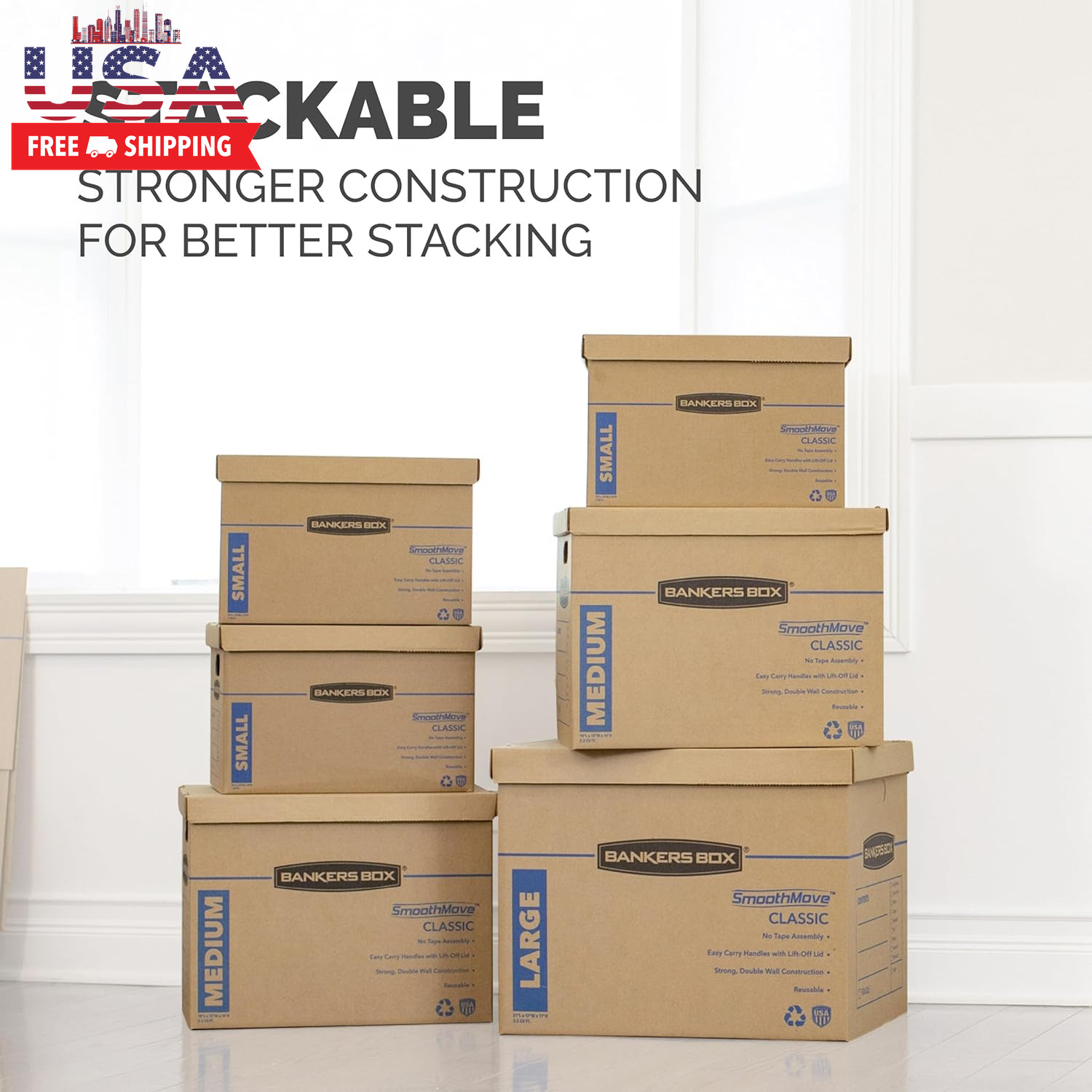 Classic Moving Box 12 Pack Kit, Reinforced Handles, Tape-Free Assembly, Box with