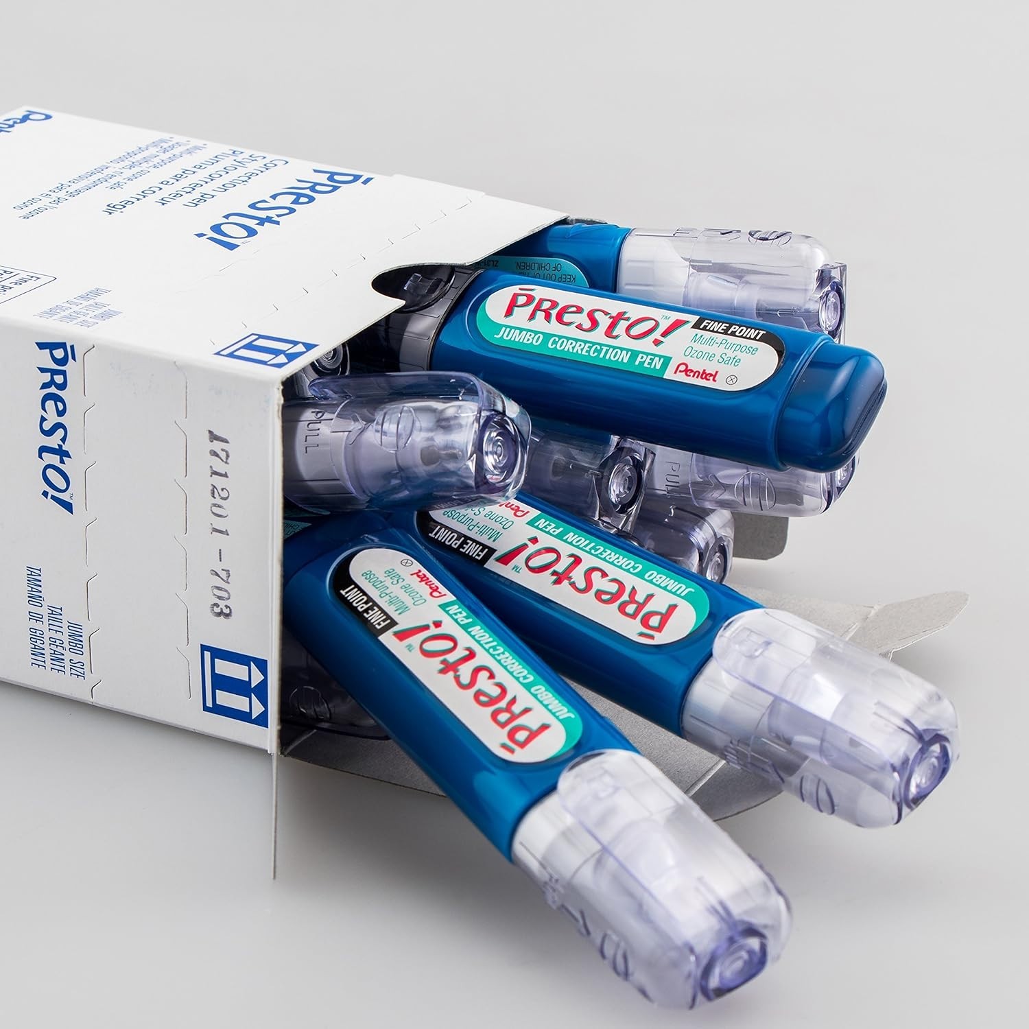 Pentel Presto! Jumbo Correction Pen, Fine Point, Metal Tip, Box of 12Blue/White