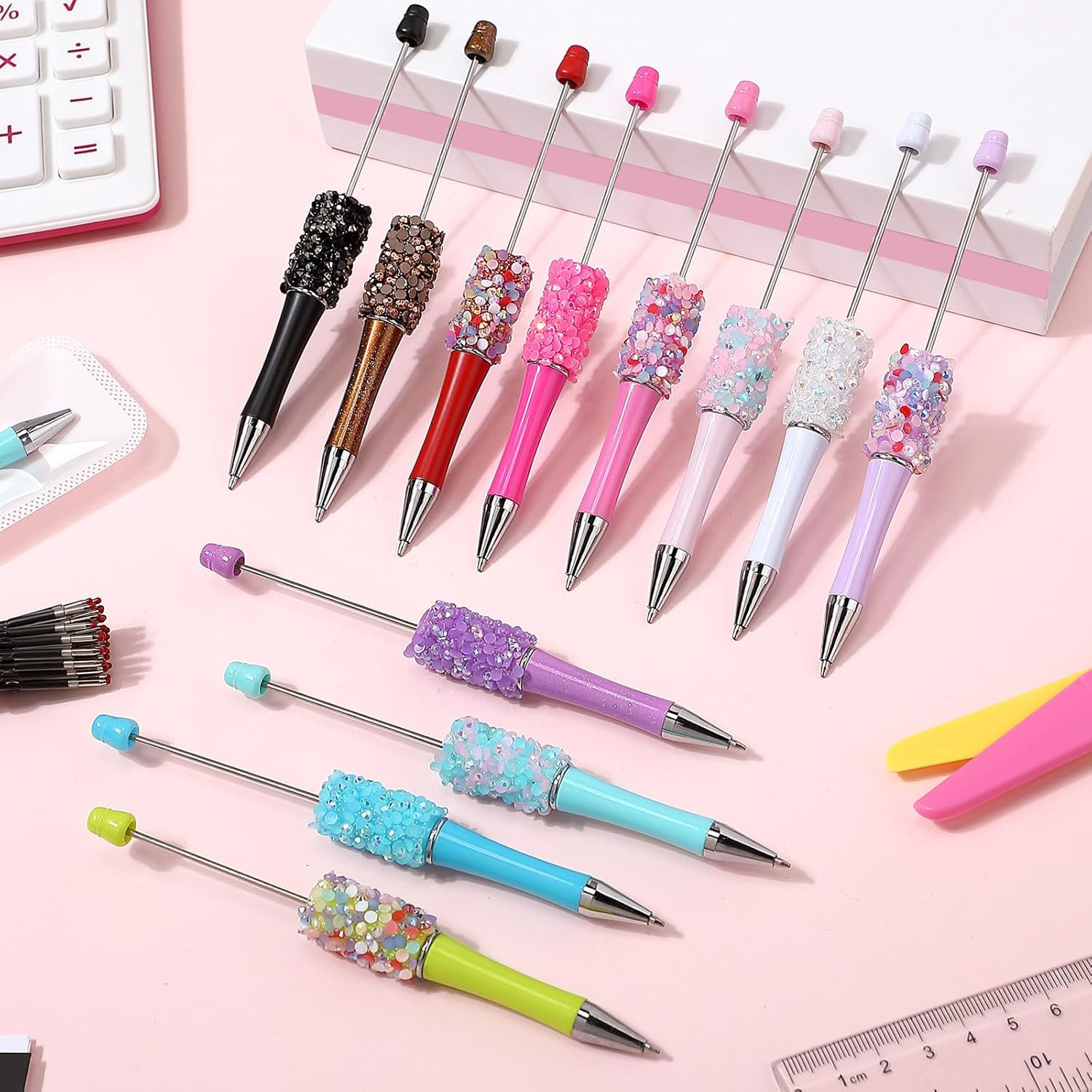 90 Pieces DIY Beadable Pens Kit 30 Pcs Plastic Petal Glitter Beaded Pens and Ref