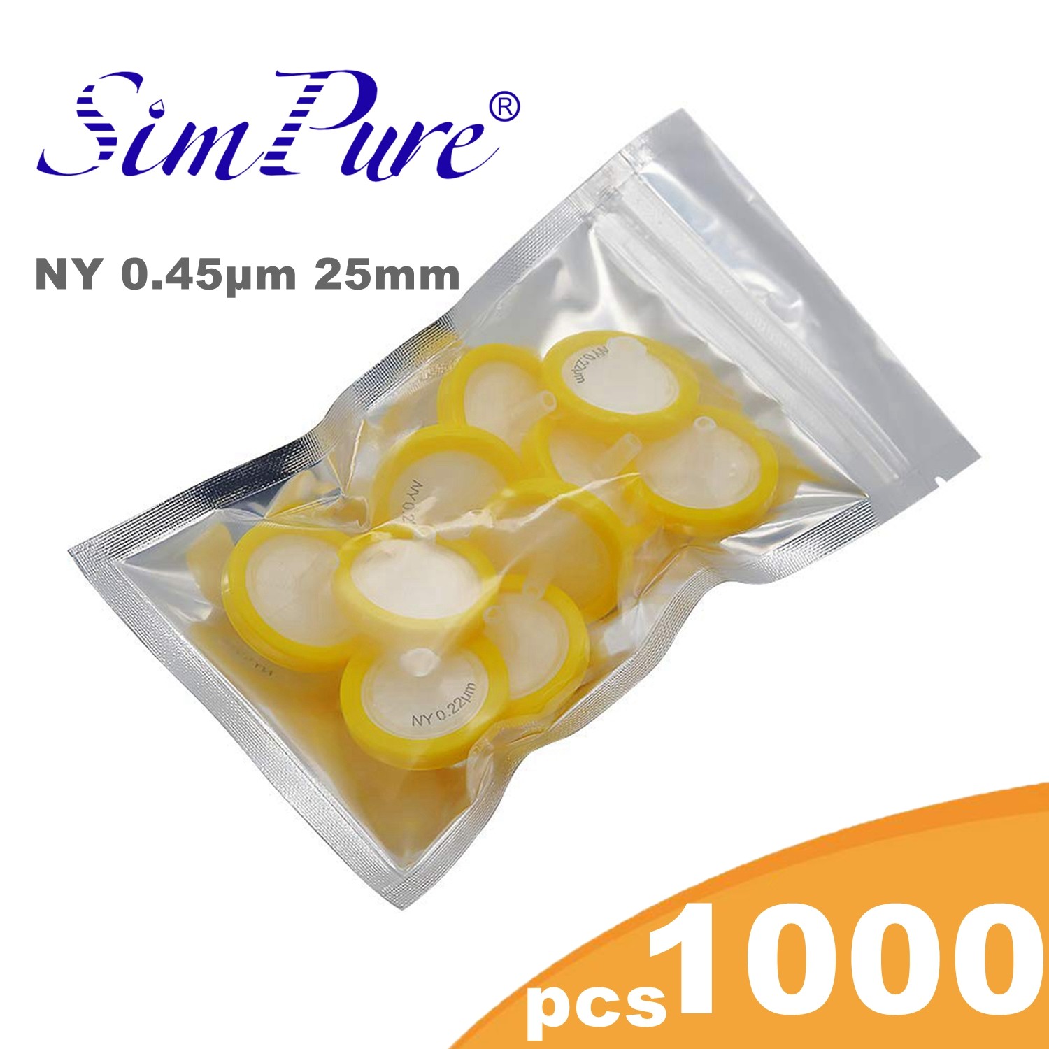 1000pcs Nylon66 Syringe Filters 25mm 0.45μm No Sterile Filtration Disc Yellow NY