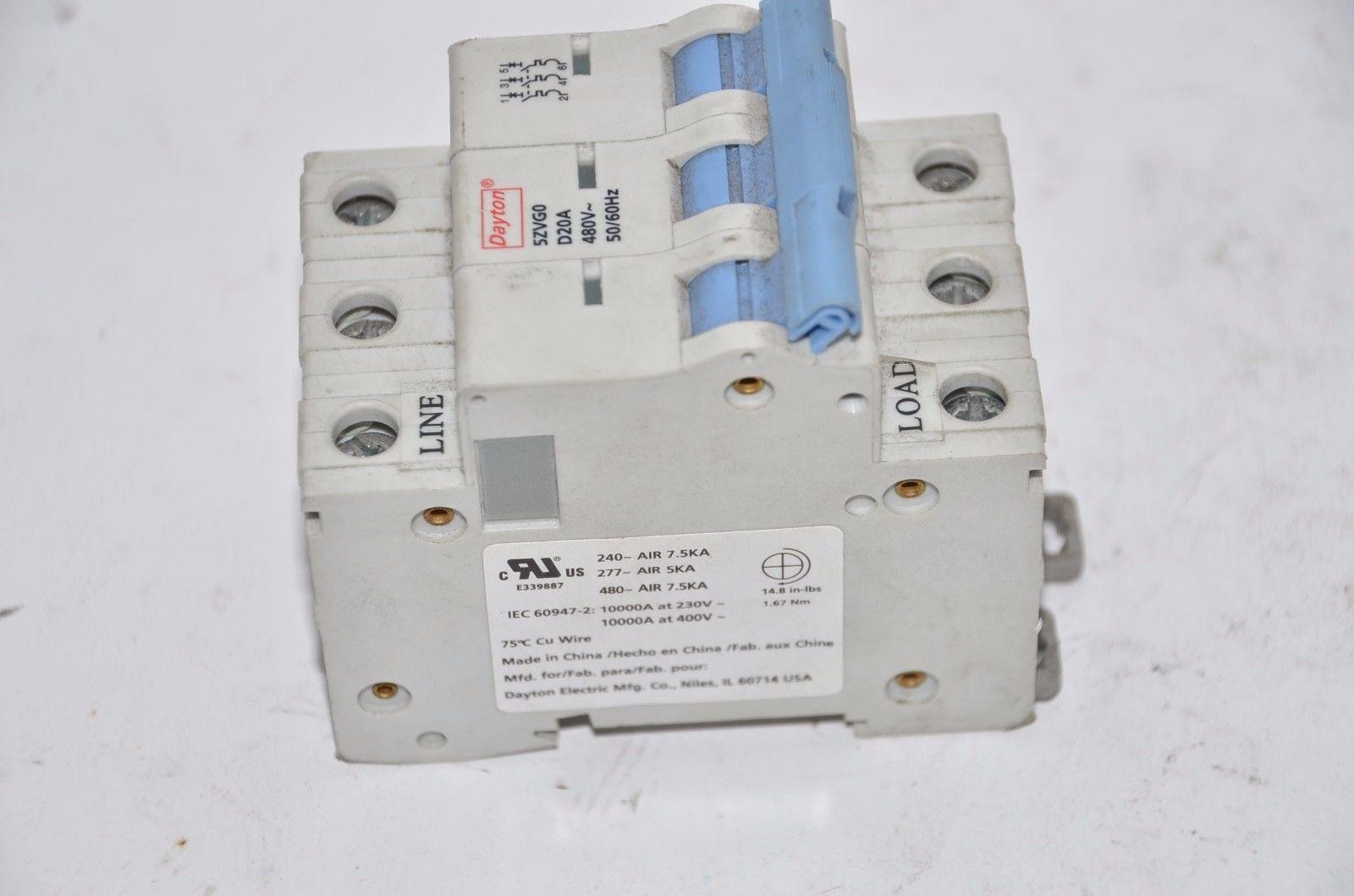 Dayton 3P IEC Supplementary Protector 20A 480VAC, 5ZVG0 D20A 50/60Hz