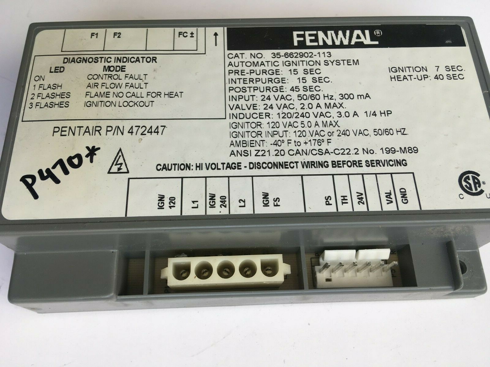 Fenwal 35-662902-113 Automatic Ignition Control System Pentair 472447 used P470*