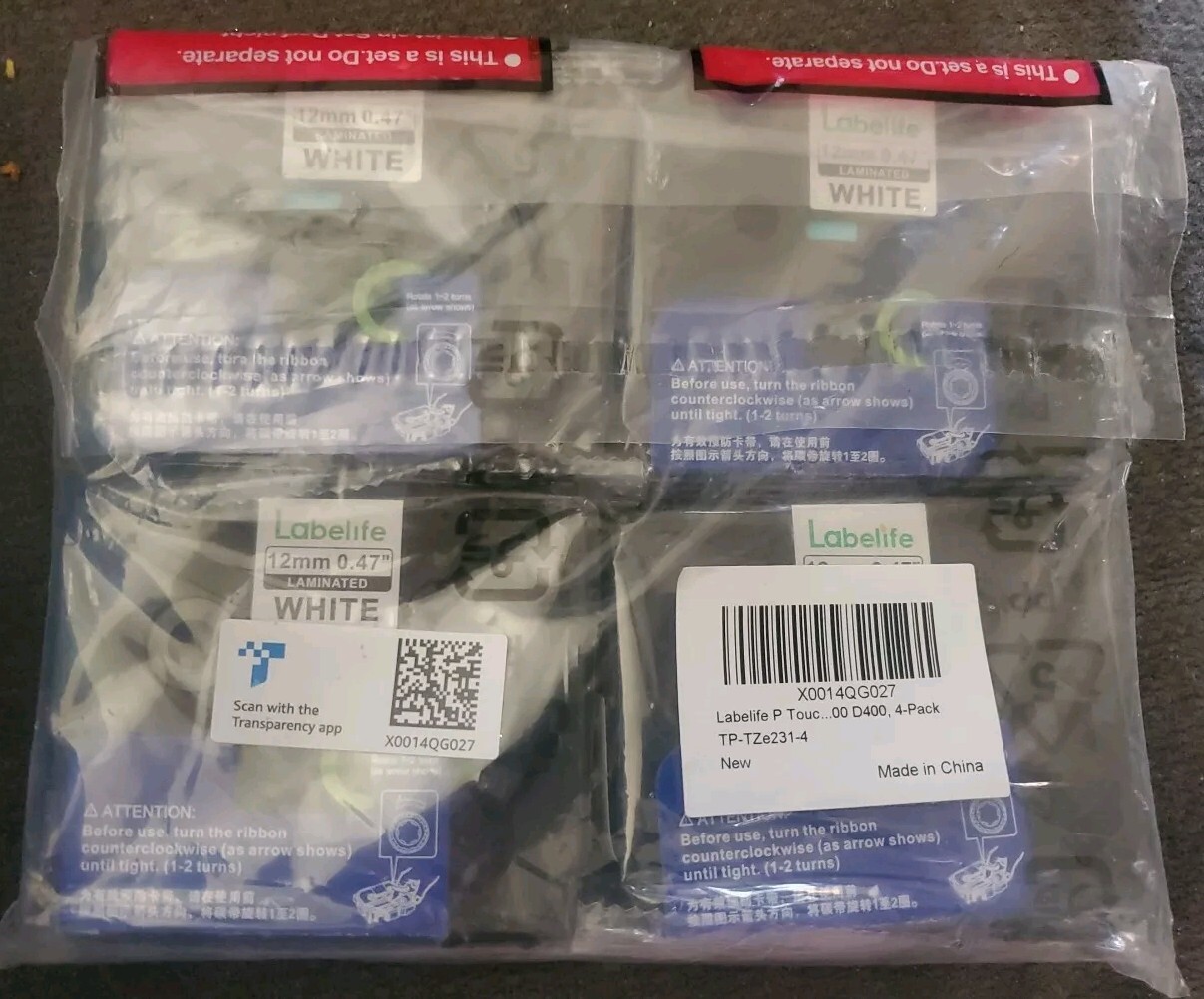 P Touch Label Tape Refill Laminated White 12mm .47″ 4-pk TZe-231 D400 D600 LABEL