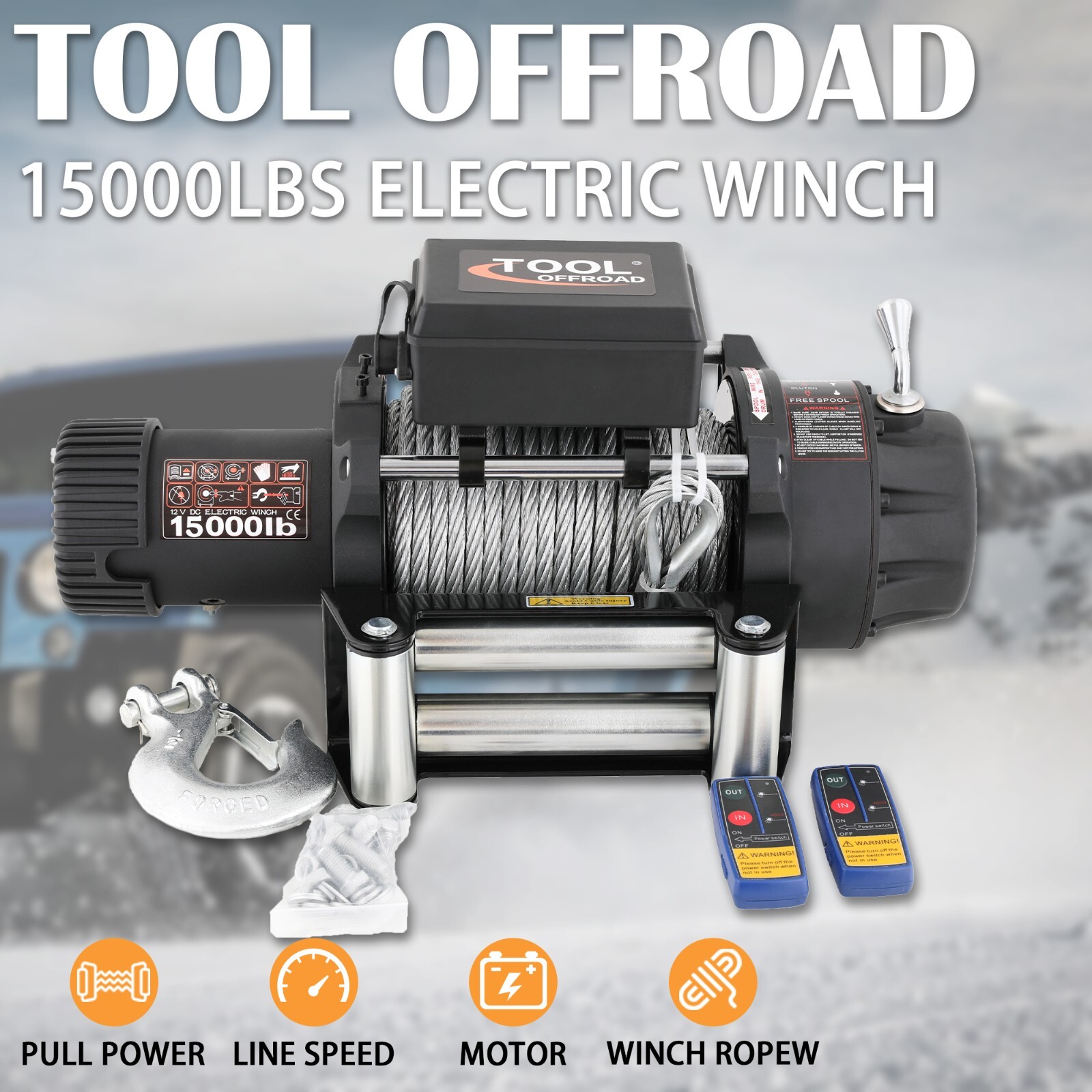 15000 lbs 12V Electric Vehicle Winch, IP66 Waterproof Wire steel Rope