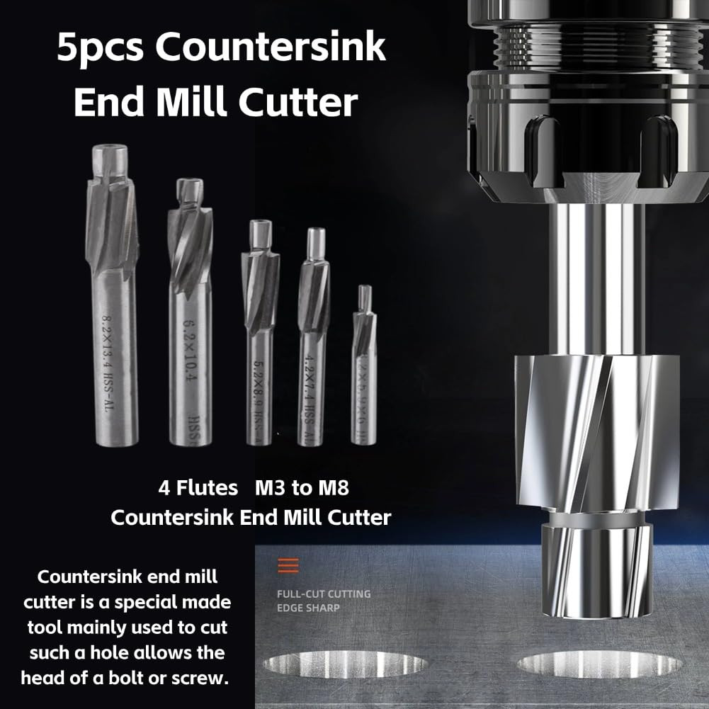 5Pcs Counterbore Drill Bits Set, 4 Flutes Straight End Mill Cutter HSS Countersi
