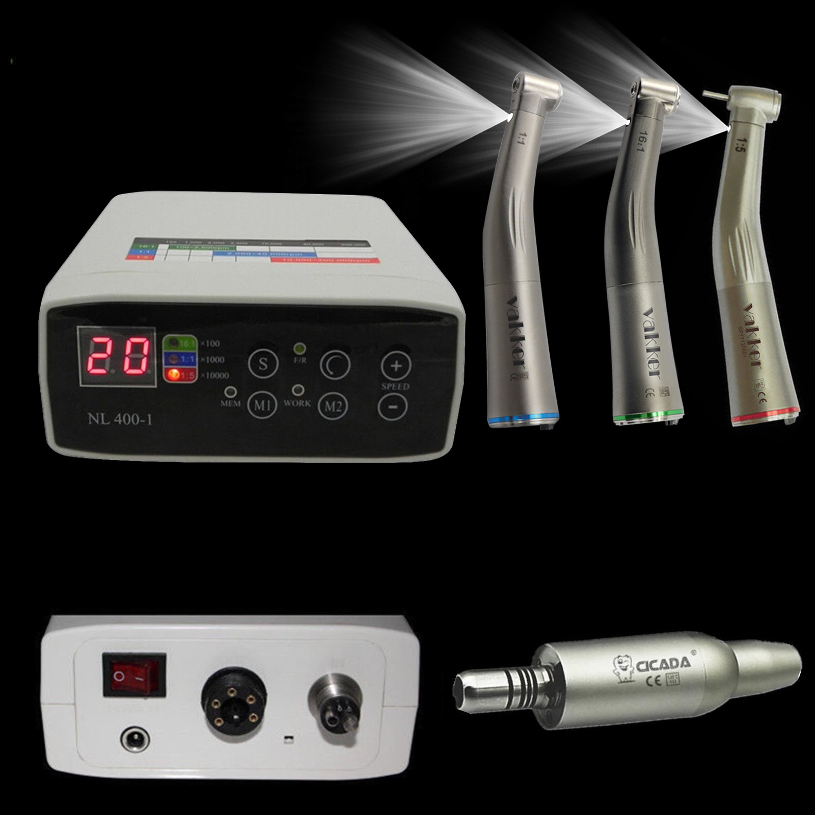 CICADA Dental Electric Motor w/ Water Tube + 1:1 1:5 16:1 Handpiece Contra Angle