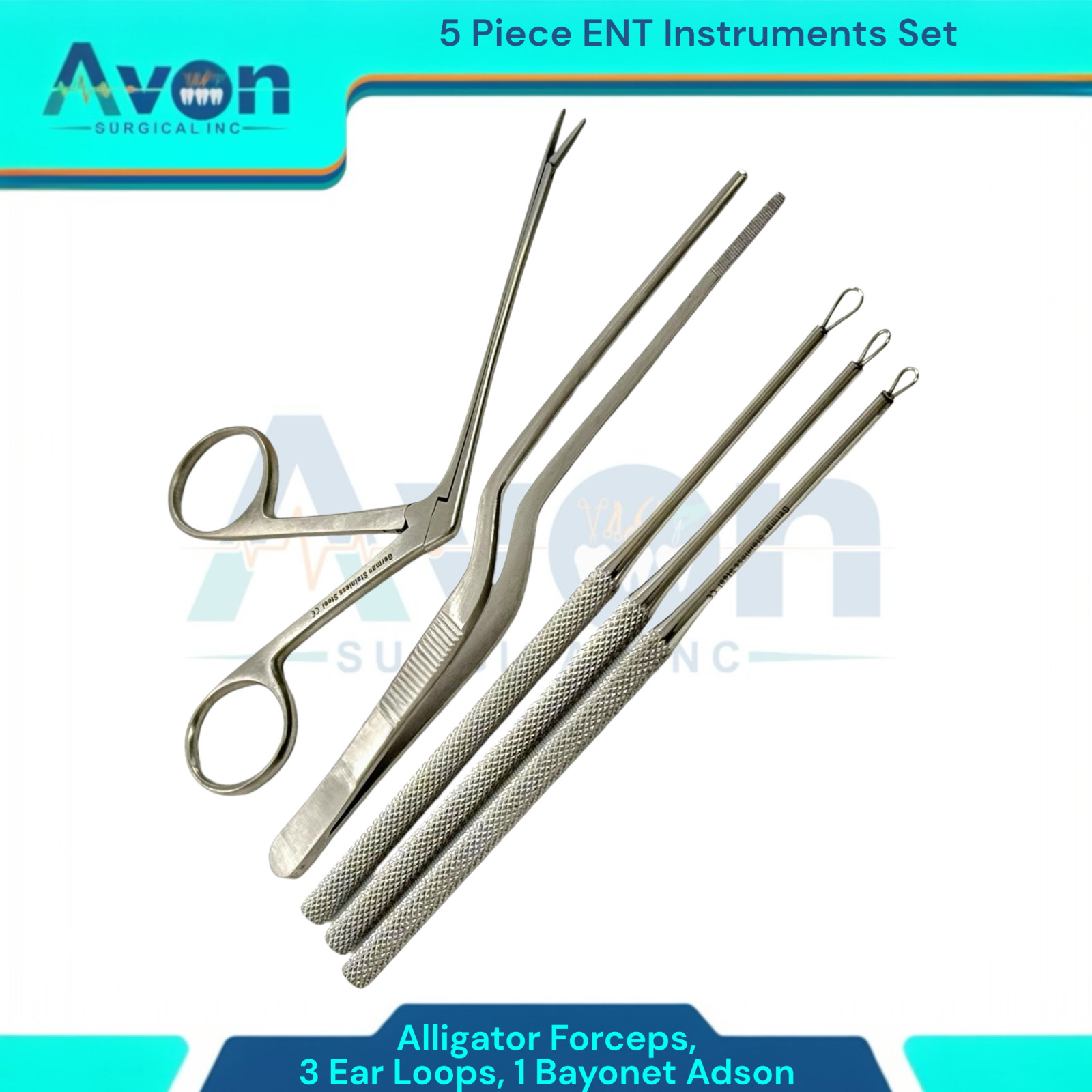 Ear Wax & Foreign Object Removal Kit-Alligator Forceps, Bayonet Adson, Ear Loops
