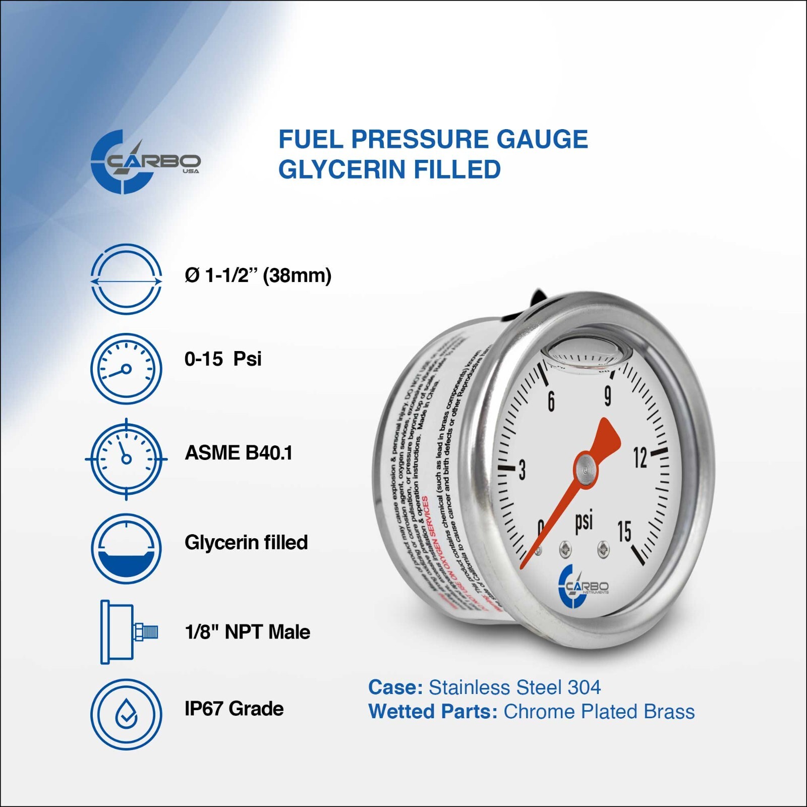 CARBO Gauge 0-15 psi Fuel Pressure Oil Pressure 1.5″ Liquid Filled, White Dial