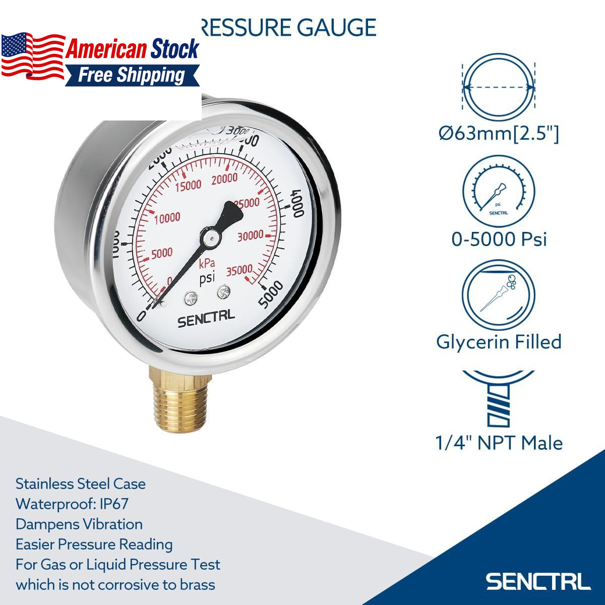 5000 PSI Liquid Filled Pressure Gauge 2.5in 1/4in NPT Stainless FROM USA