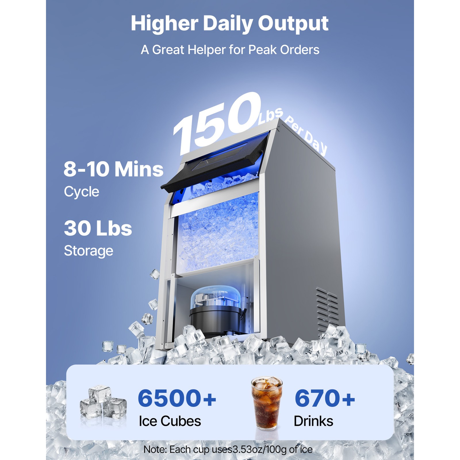 Uimoso 150lbs/24h Commercial Ice Maker Built-in Ice Cube Machine 30lbs Storage