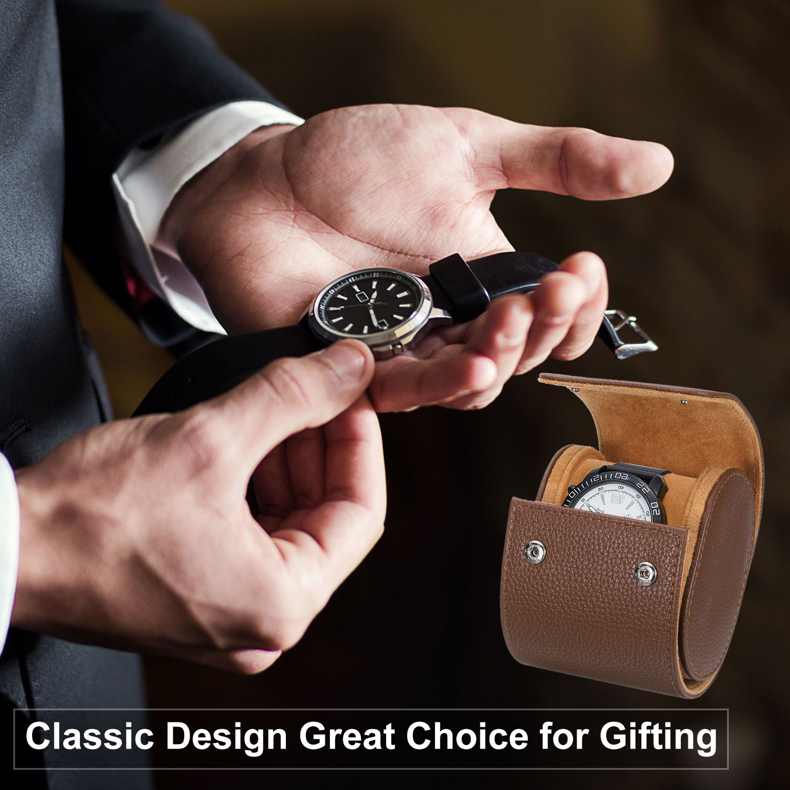 Watch Roll Travel Case Single Slot Portable Leather Watch Cases, Textured Green