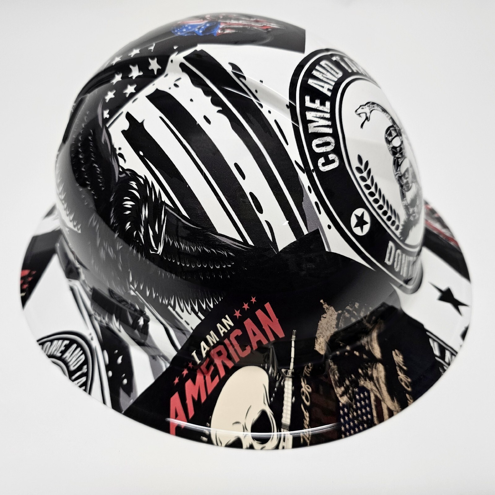 full brim hard hat custom hydro dipped IN PATRIOT COME AND TAKE IT STICKER BOMB