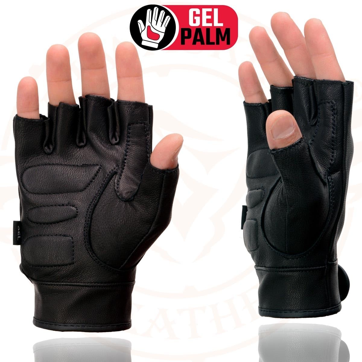 MG7585 Men’s Black Leather Gel Padded Palm Fingerless Motorcycle Hand Gloves w/F