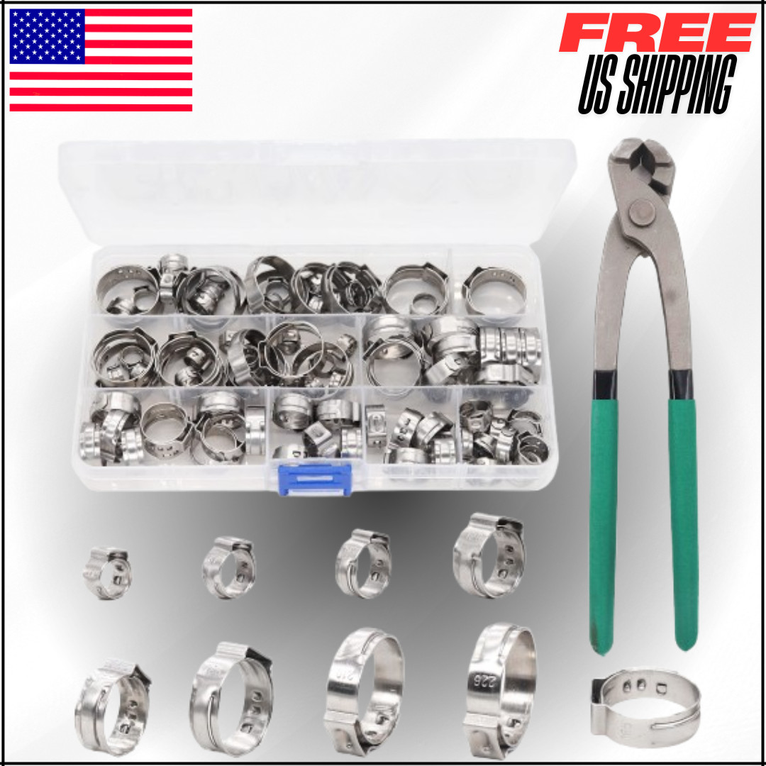 Single Ear Hose Crimp Pipe Clamps 304 Stainless Steel Assortment Kit Plier 92PC