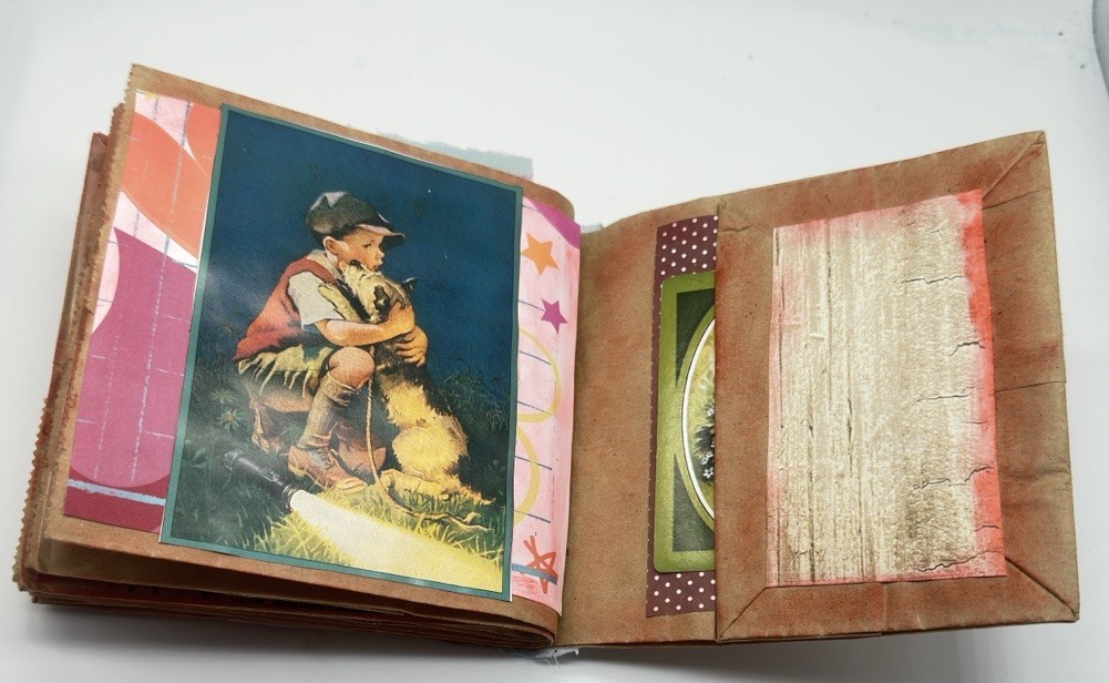 Hand Made Junk Journal Doggy And Yellow Flower. Medium Is Brown Paper Bags