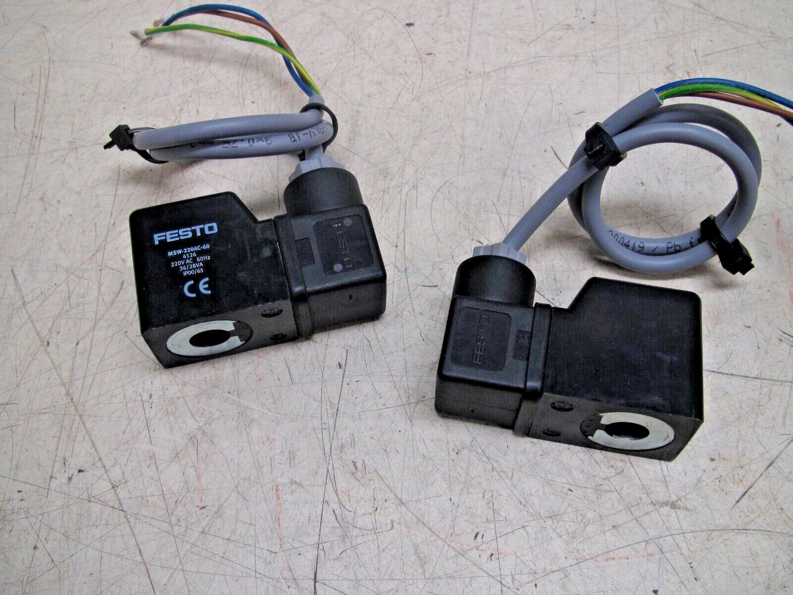 Lot Of 2 Festo Solenoid Valve 220V AC 60Hz 36/28VA IP00/65 P/N: MSW-220AC-60