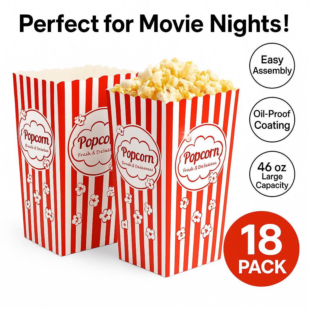 18 Pack Popcorn Boxes Disposable 46oz Red White Striped Cardboard Snack Holder