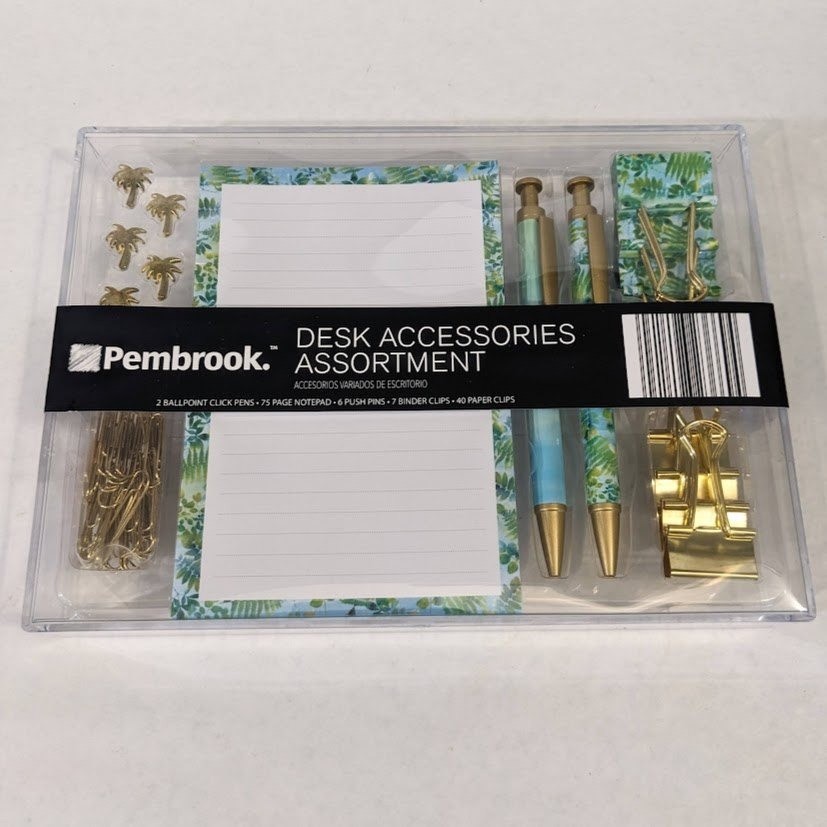 Pembrook Desk Accessories Assortment Tropical Palm Gold Pens Notepad Clips Set