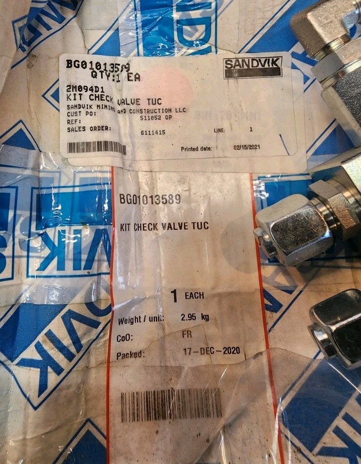 Sandvik BG01013589 Check Valve Kit TUC Hydraulic Assembly 2.95kg OEM