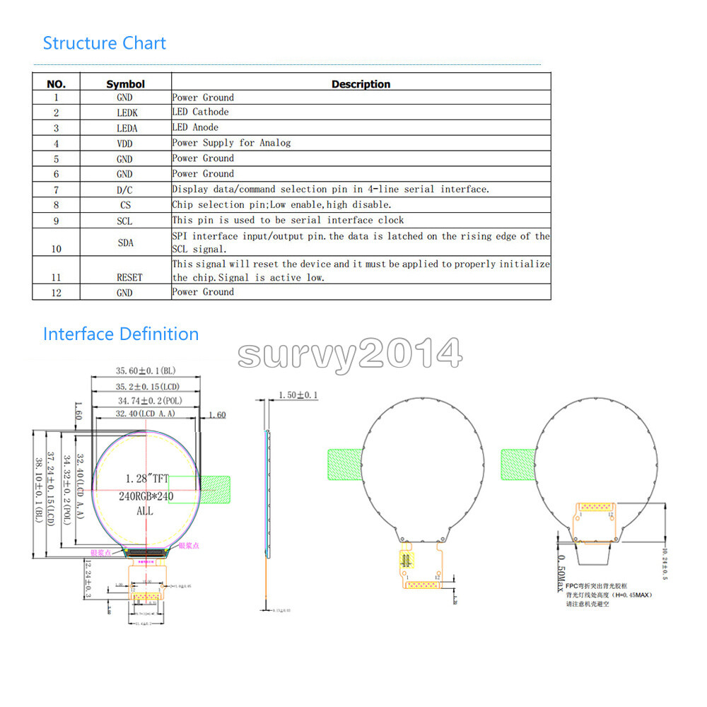 Round 1.28 inch TFT LCD Display Module RGB IPS HD 240×240 SPI GC9A01 Driver