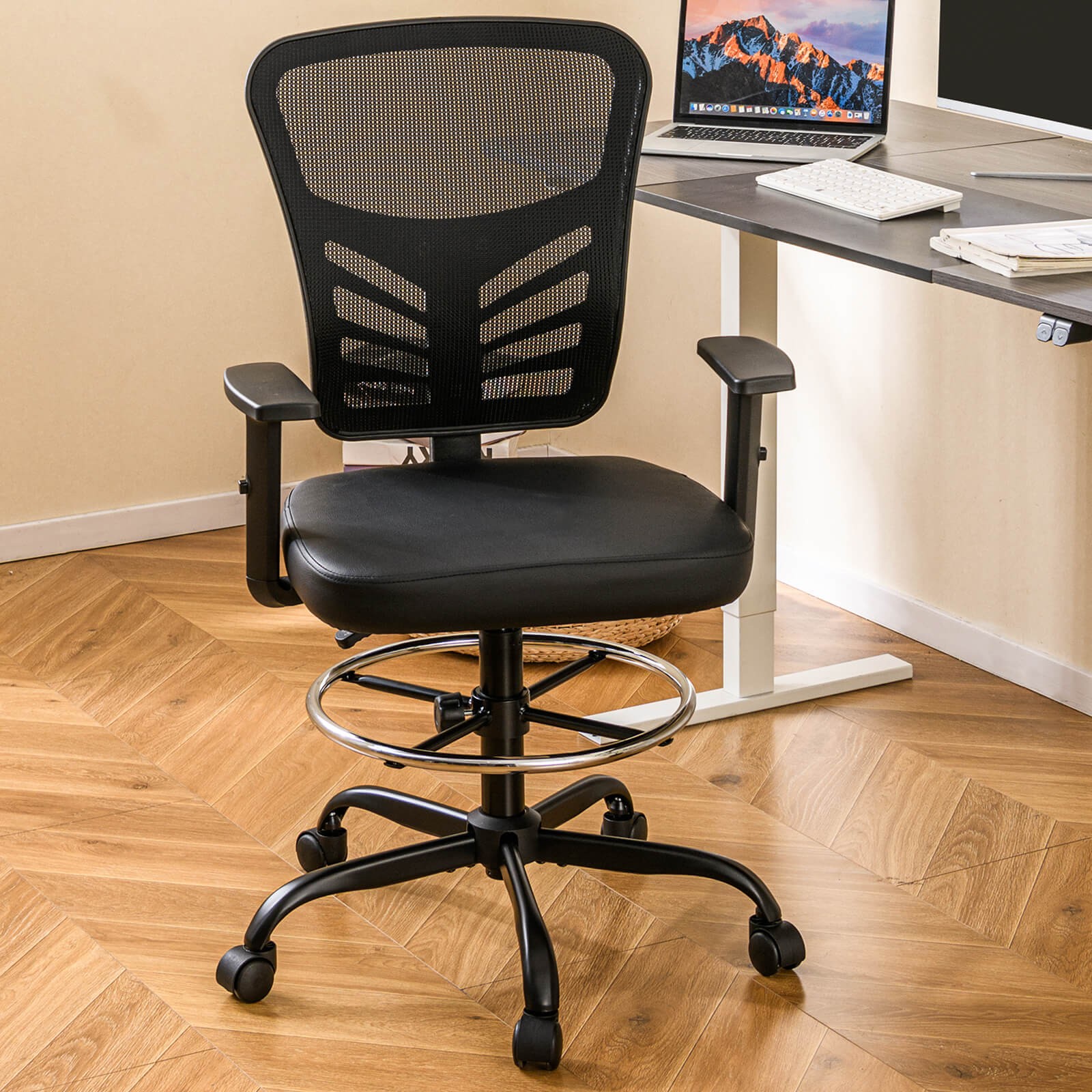 Costway Mesh Drafting Chair Office Chair w/Adjustable Armrests & Foot-Ring Black