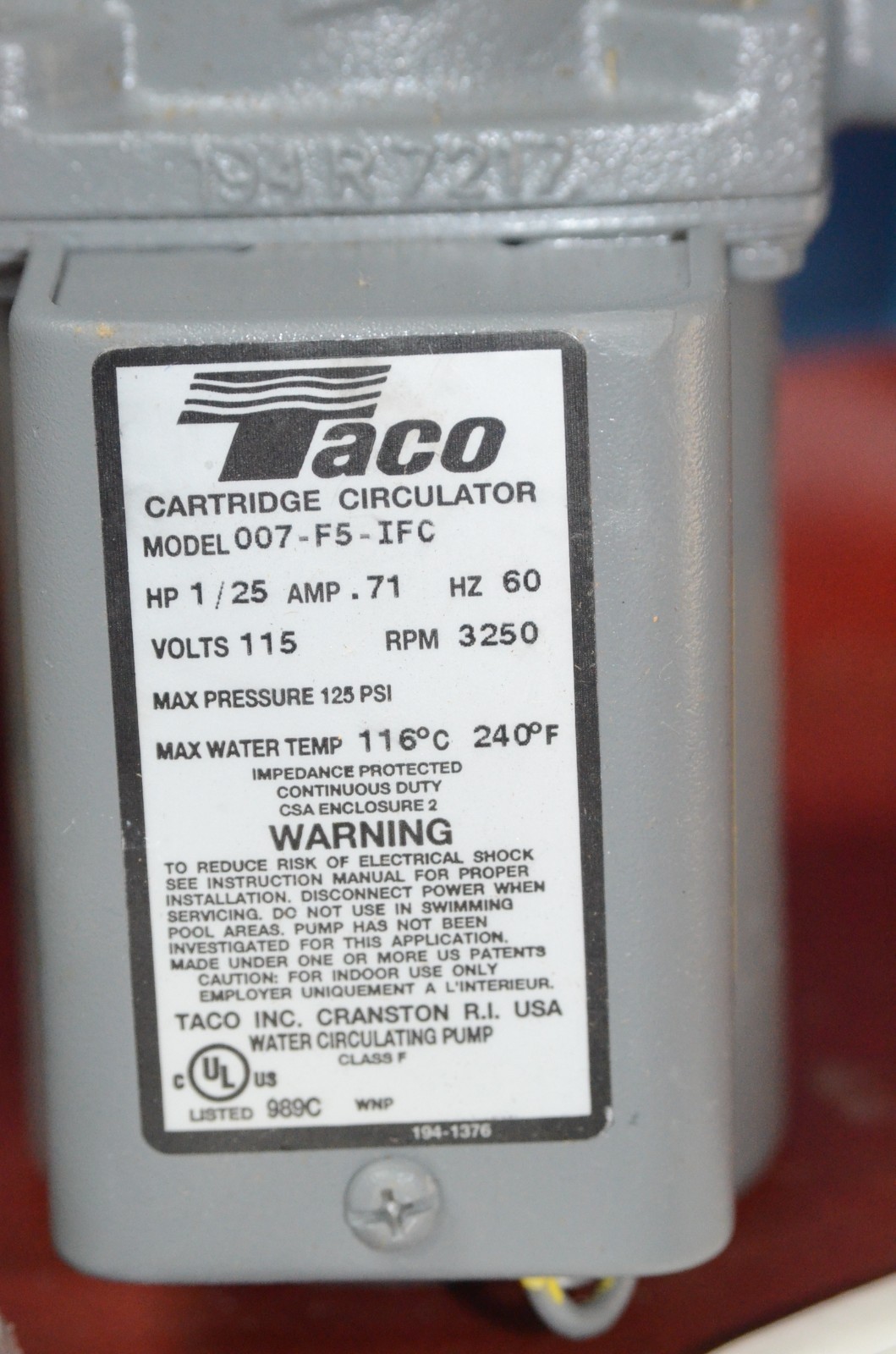 TACO 007-F5-IFC Cast Iron Circulator Pump 1/25 HP Flow Check & 110-419 Flanges