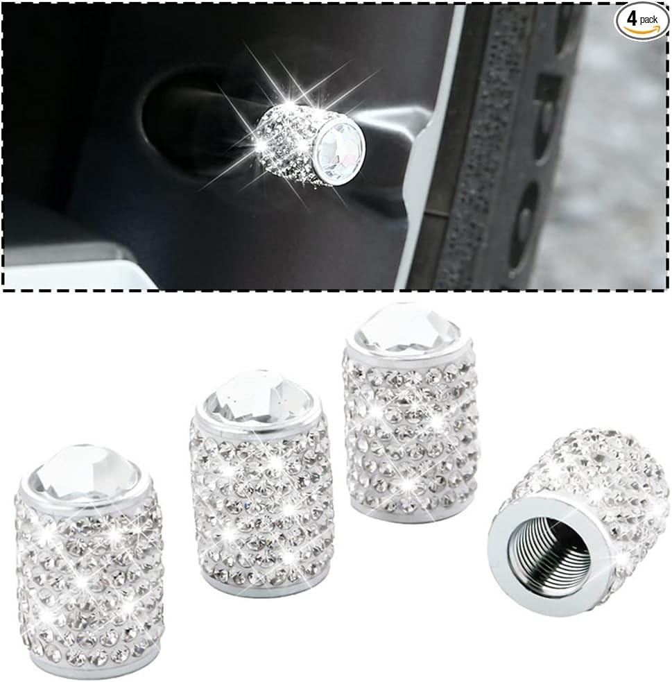 Bling Valve Stem Caps, 4 Pack Crystal Rhinestone Car Tire Valve Covers, White