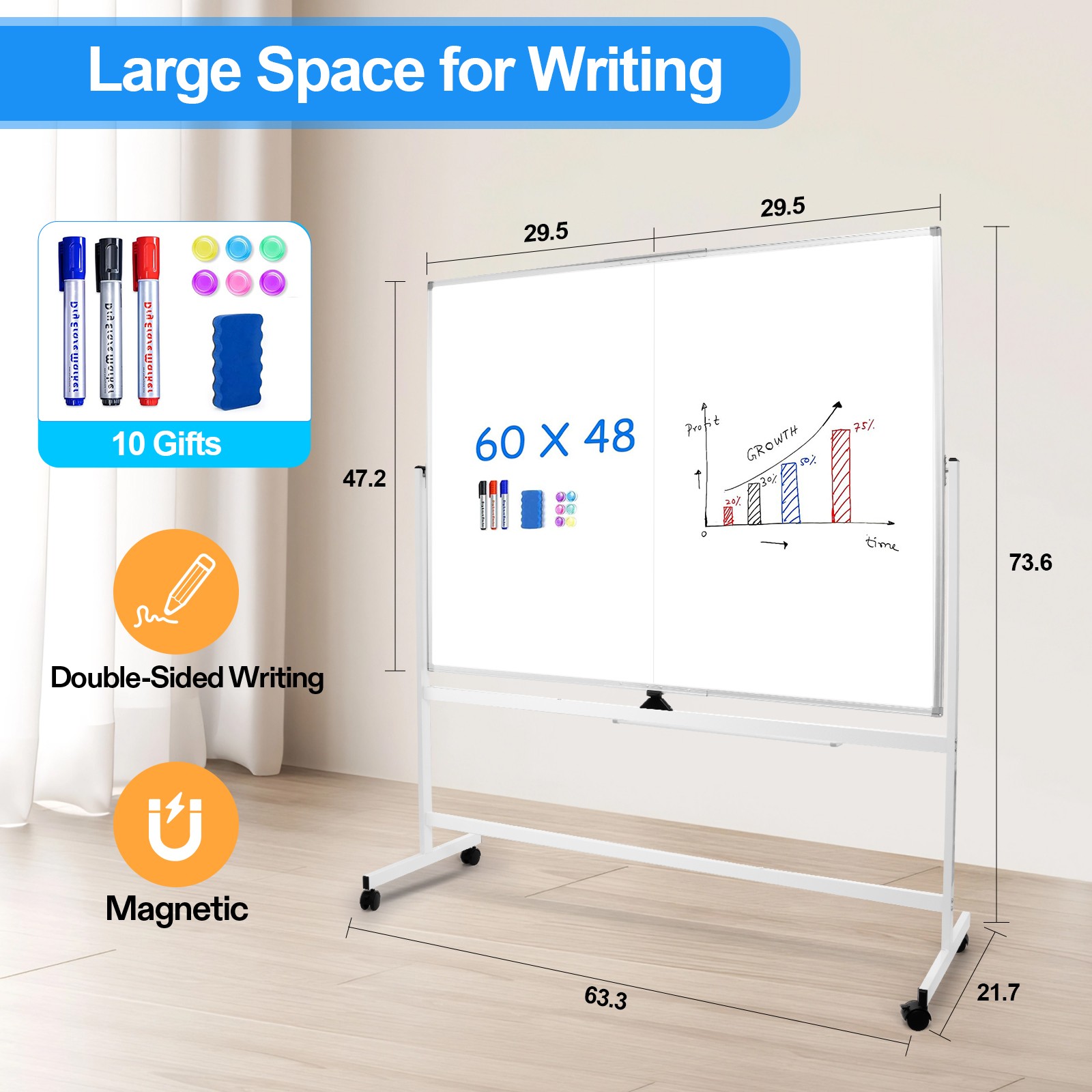 60″ x 48″ Large Double-Sided Magnetic Mobile Whiteboard Rolling Dry Erase Board