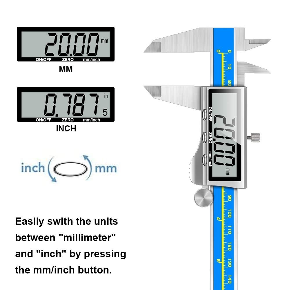 Large LCD Digital Caliper 6″ – Inch/Millimeter, Waterproof with Protective Case