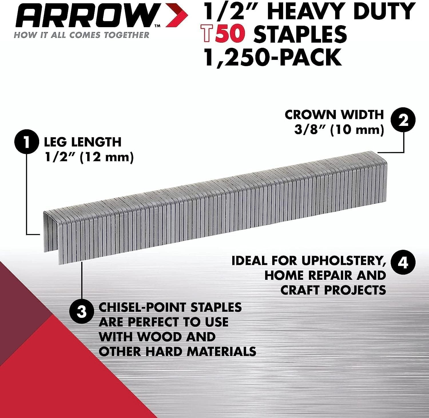 Arrow 508 Heavy Duty T50 1/2-Inch Leg Length, 3/8-Inch Crown, Staples for