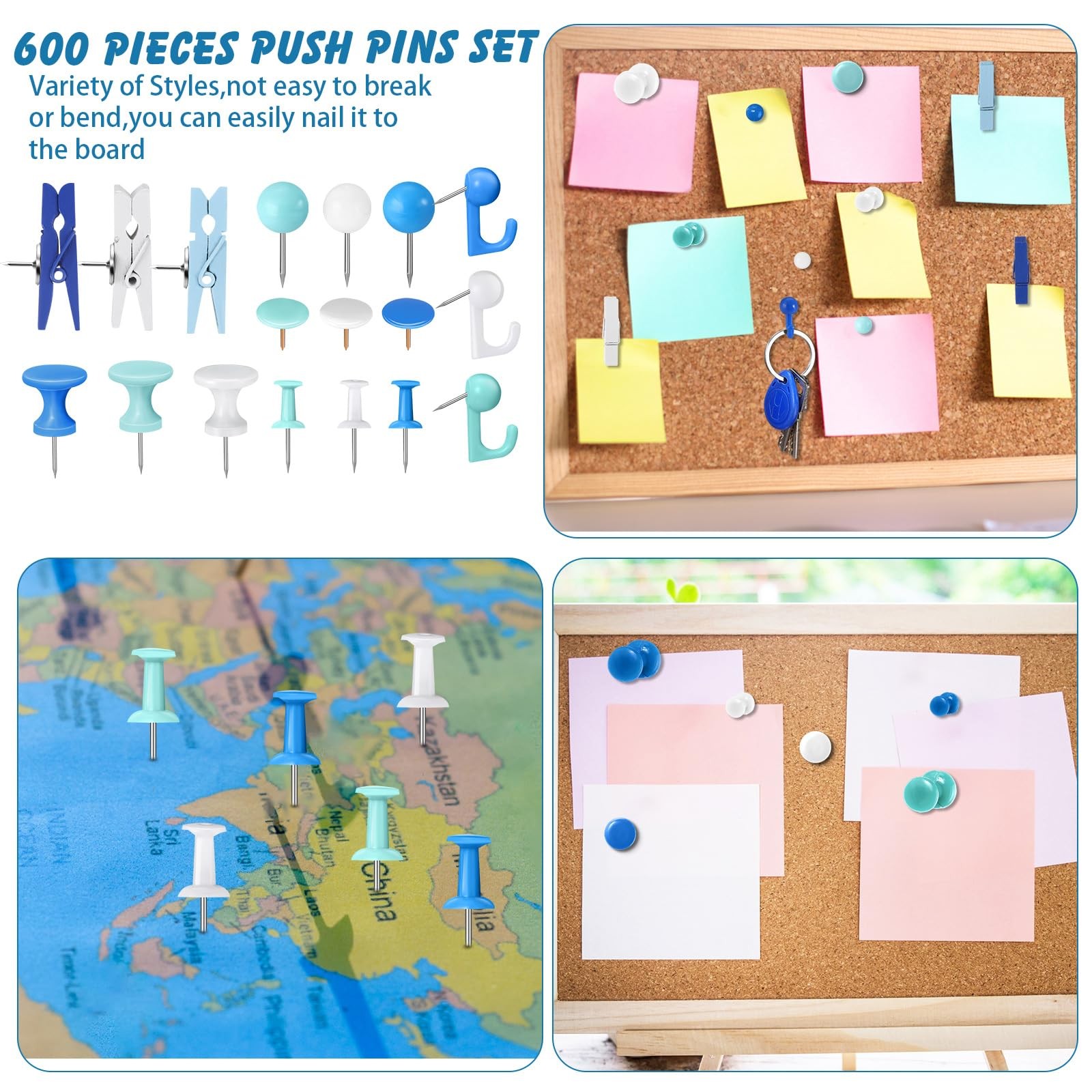 600 Pcs Decorative Push Pins, White Blue Thumb Tacks 6 Types Cute Push Pin Cl