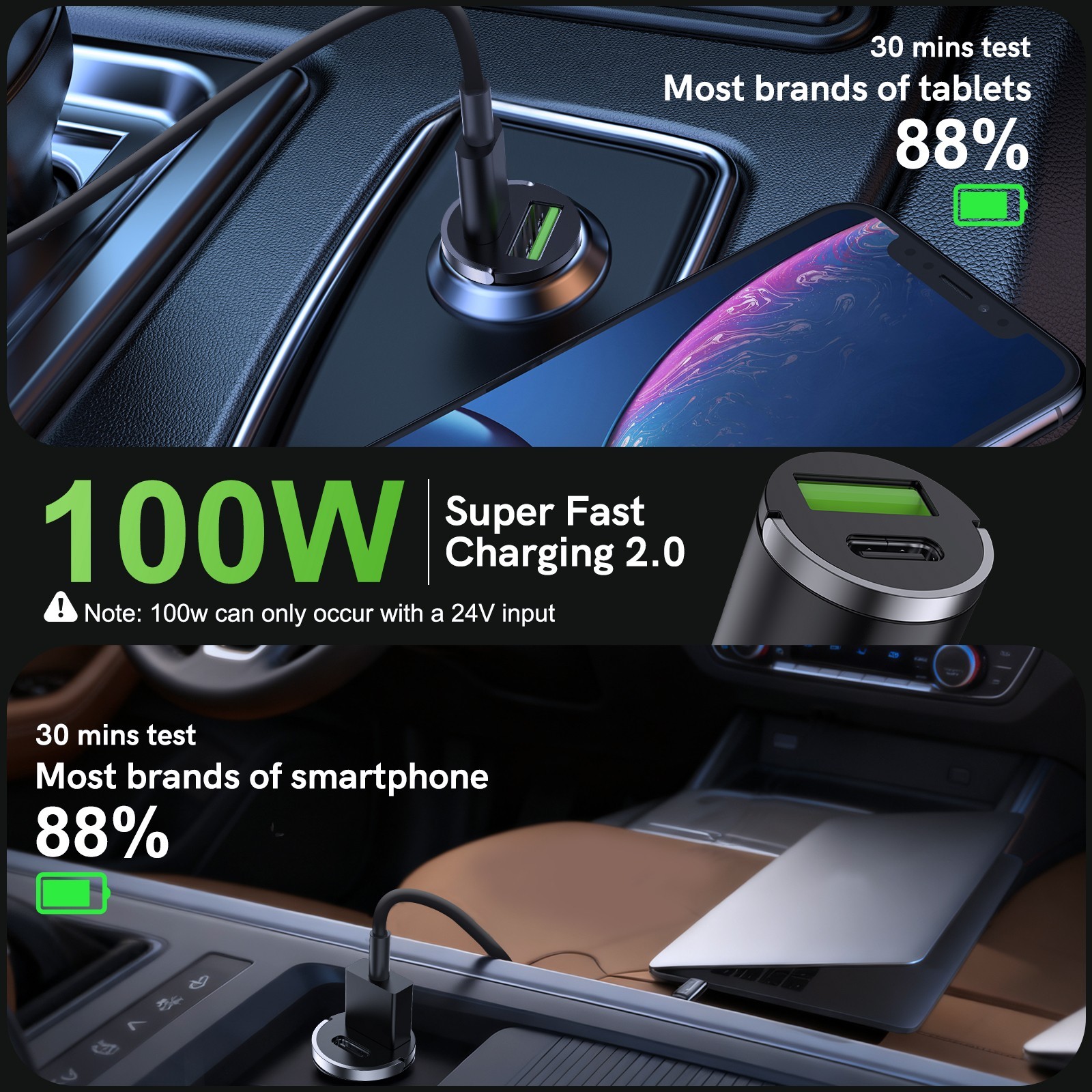 60W Super Fast Car Charger USB C PD 2-in1 Cigarette Lighter Adapter Temp Control