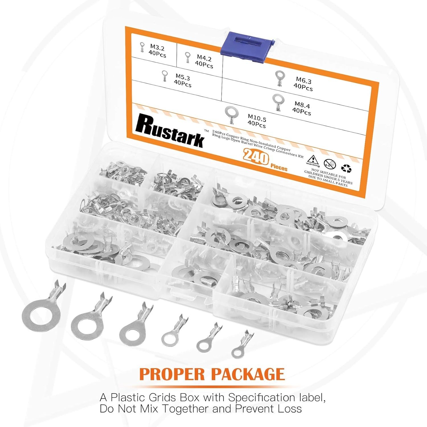 6 Sizes 240 Pcs Non-Insulated Ring Crimp Terminals Connector Assortment Set, O-T