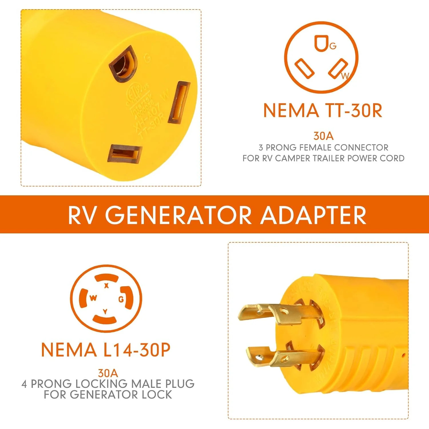 NEMA L14-30P to TT-30R 30 Amp RV Generator Adapter 4 Prong 30A L14-30P Locking M