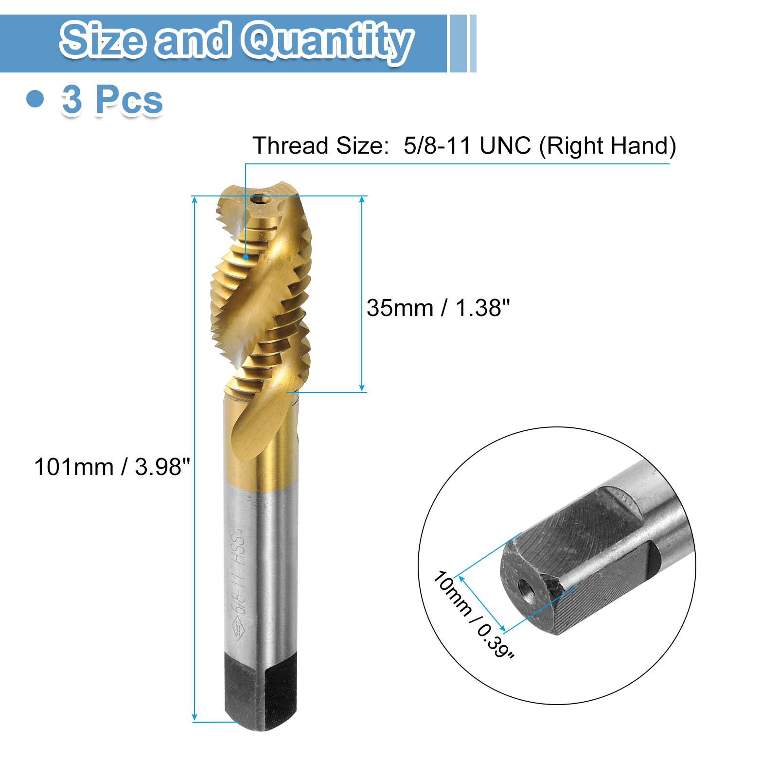 3pcs Spiral Flute Thread Taps 5/8-11 UNC Titanium Coated Screw Threading