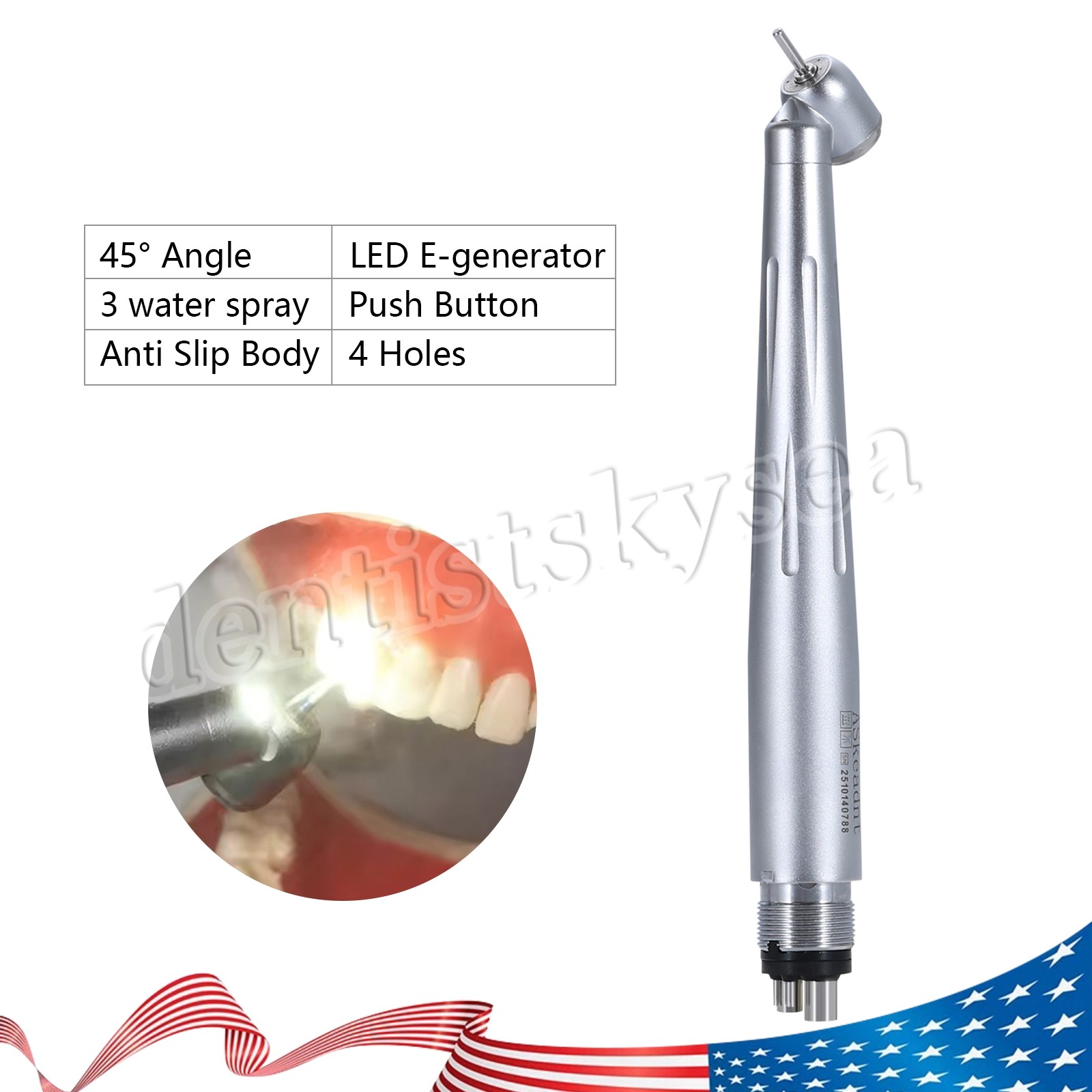 Dental 45 Degree LED/NO-LED High Speed Handpiece Ceramic Bearing 3Spray 4Holes