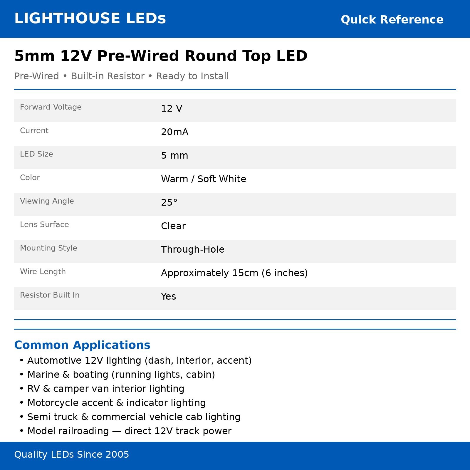 5 x Pre wired 12v 5mm Warm Soft White LEDs Prewired 12 volt LED PC 13v 14v 15v