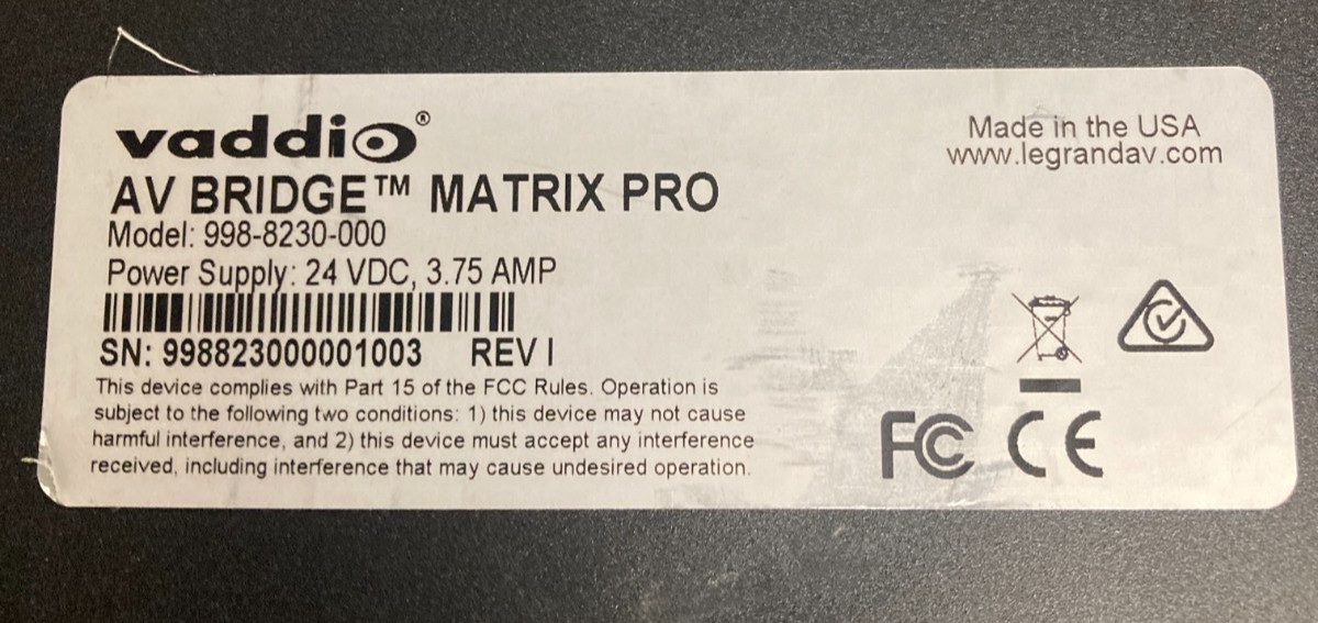 Vaddio 998-8230-000 Av Bridge Matrix Pro w/ Power Cord